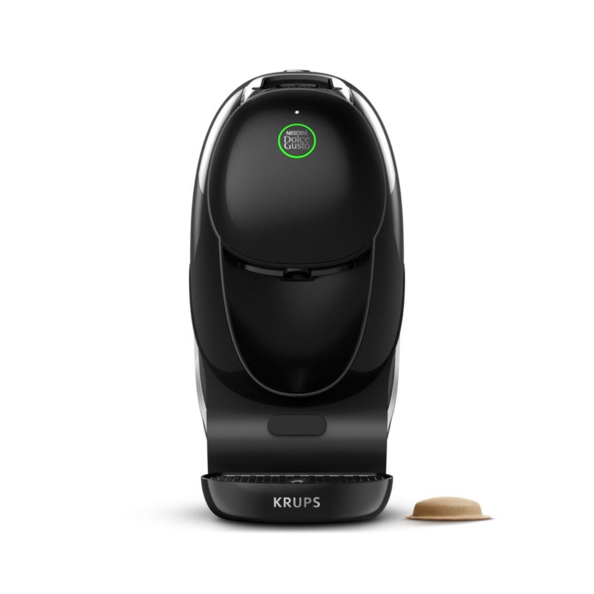 Una macchina da caffè nera con logo Nespresso Dolce Gusto e una capsula accanto.