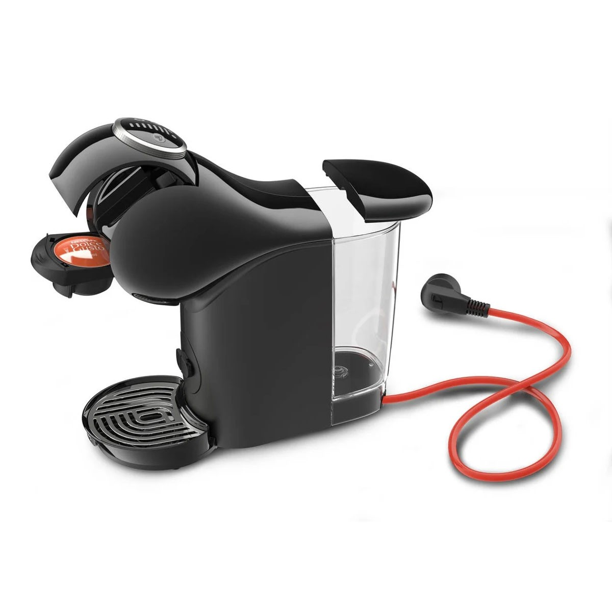 Macchina da caffè nera con cavo rosso e portacapsule.