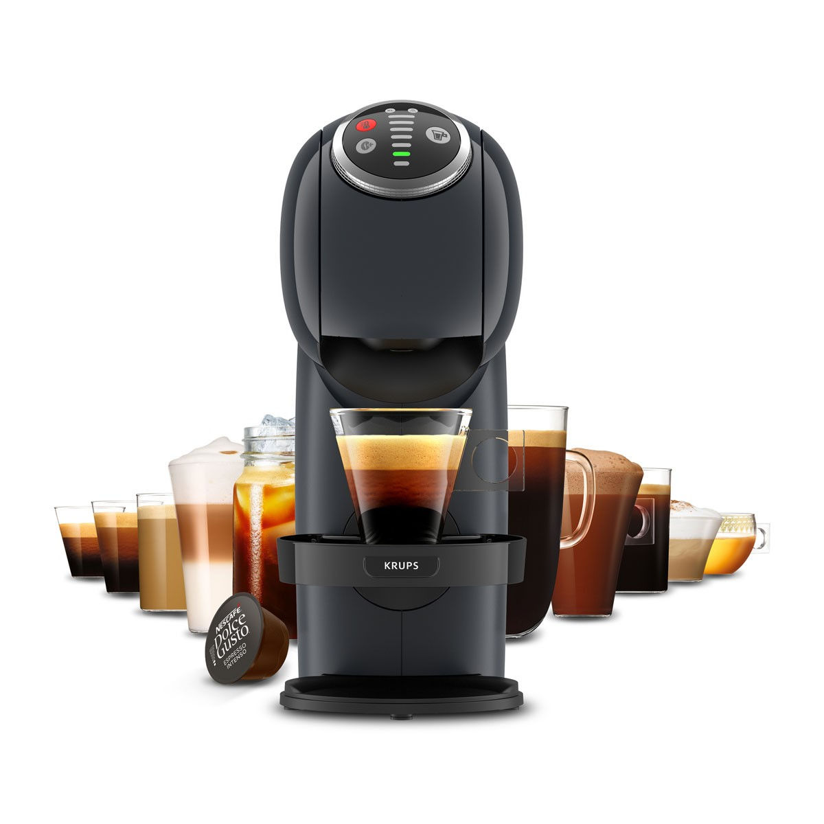 Macchina da caffè nera con varie bevande al caffè e una capsula.