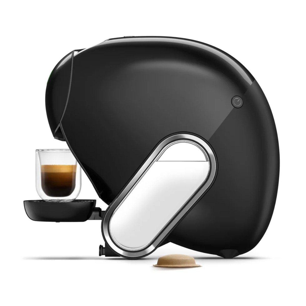 Macchina da caffè nera con bicchiere, espresso e capsula.