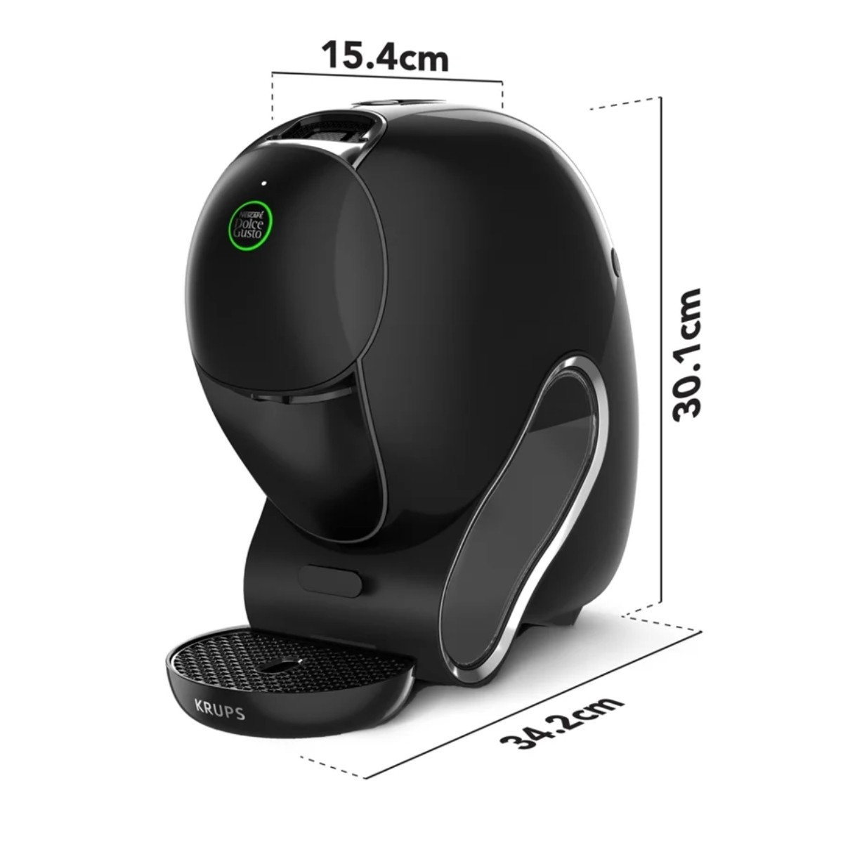 Macchina da caffè Dolce Gusto nera con dimensioni 15,4x30,1x34,2cm.