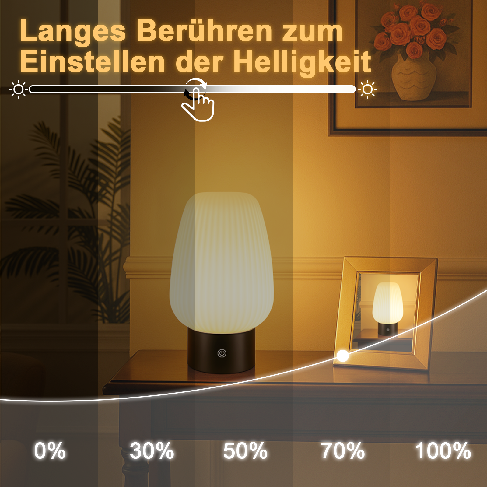 Lampa na stole z suwakiem jasności i wskaźnikami procentowymi.