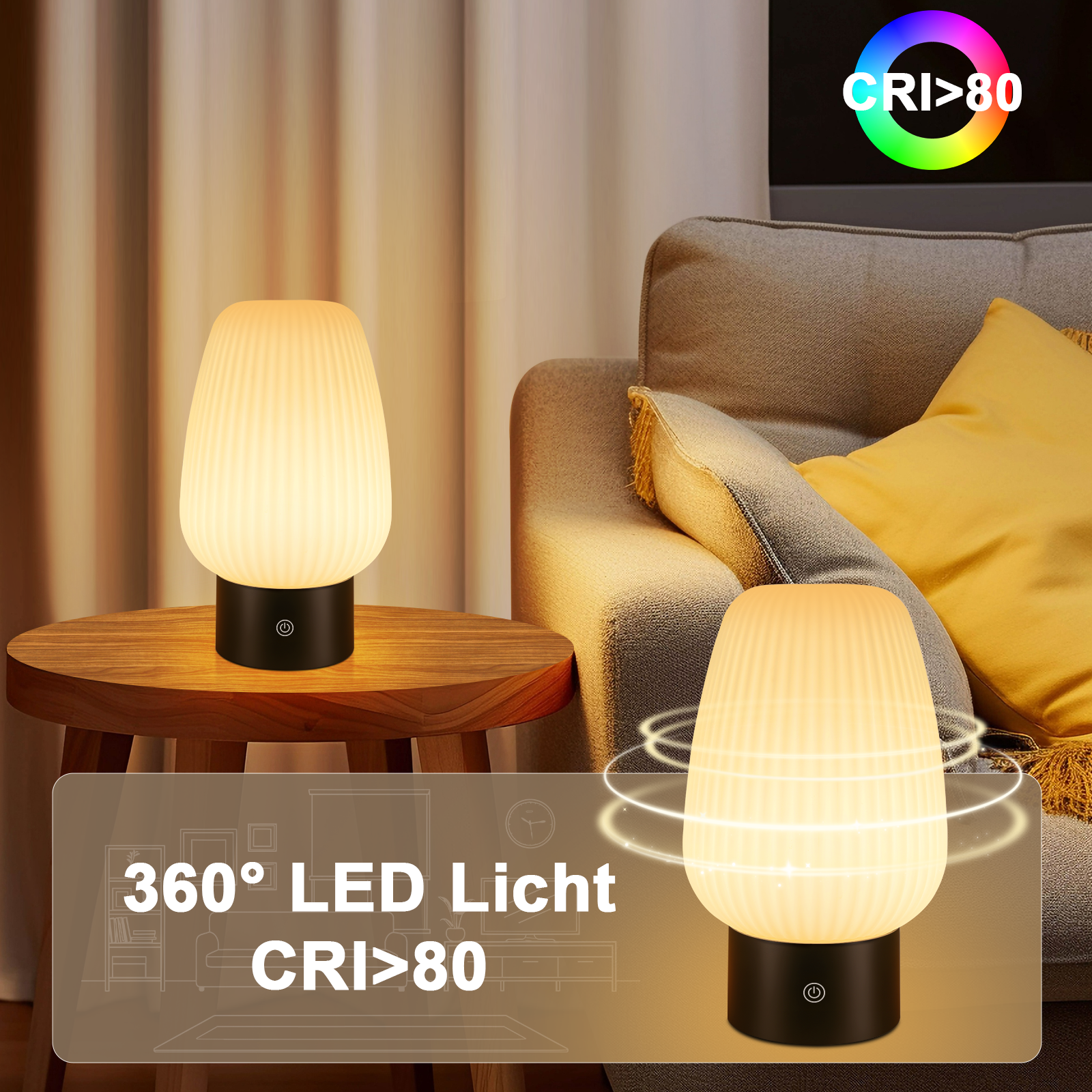 Dwie lampki nocne z prążkowanymi kloszami i czarnymi podstawami.