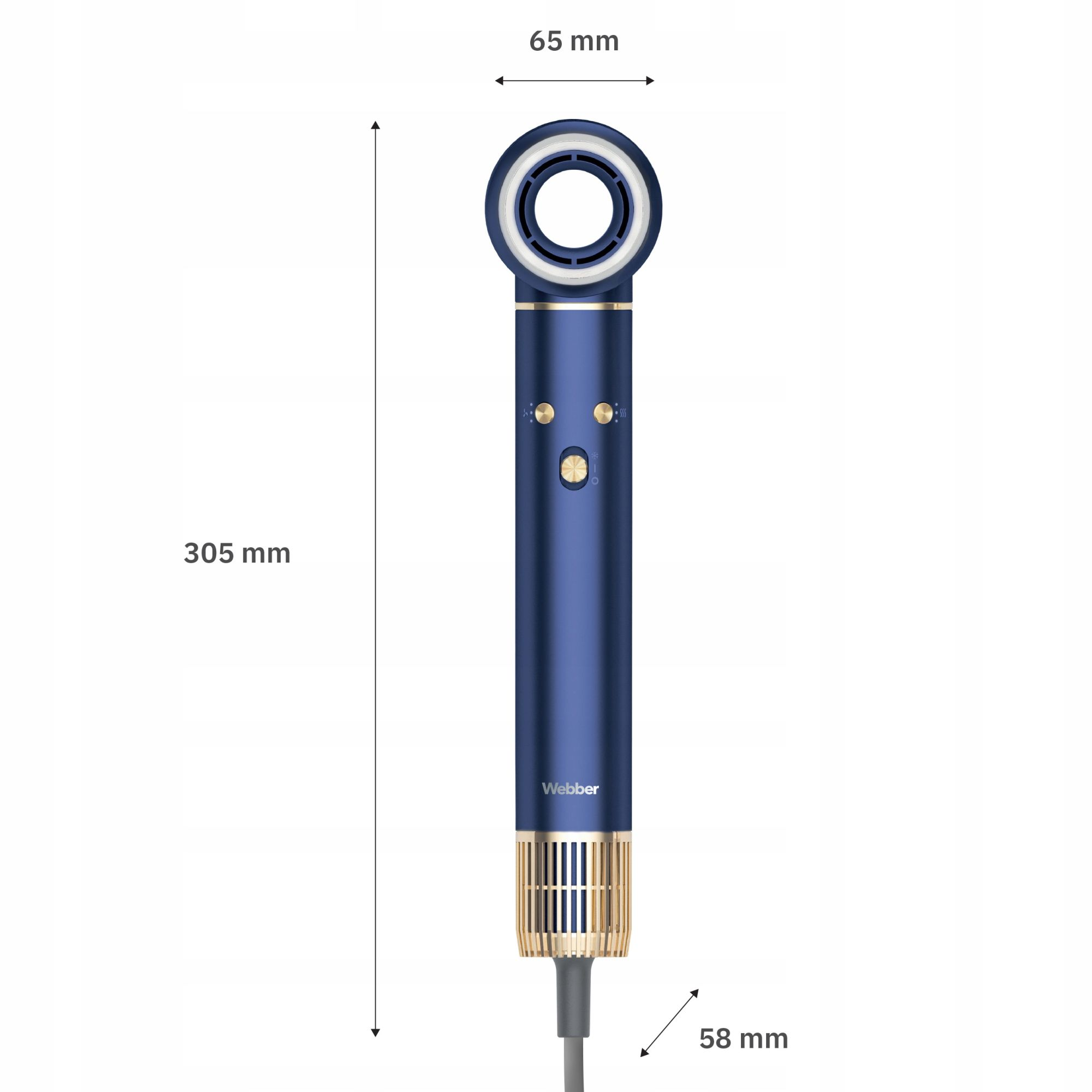 Granatowa suszarka do włosów ze złotymi akcentami i wymiarami.