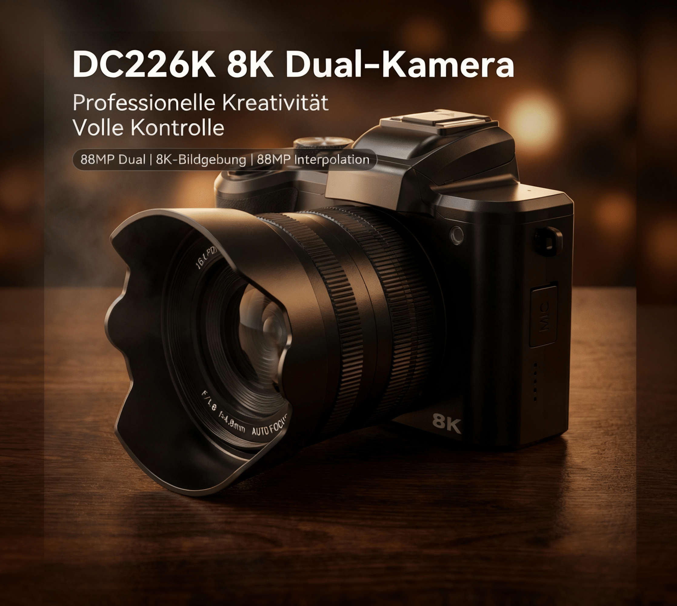 Eine schwarze Digitalkamera mit 8K-Auflösung und dualer Linse steht auf einem Holztisch.