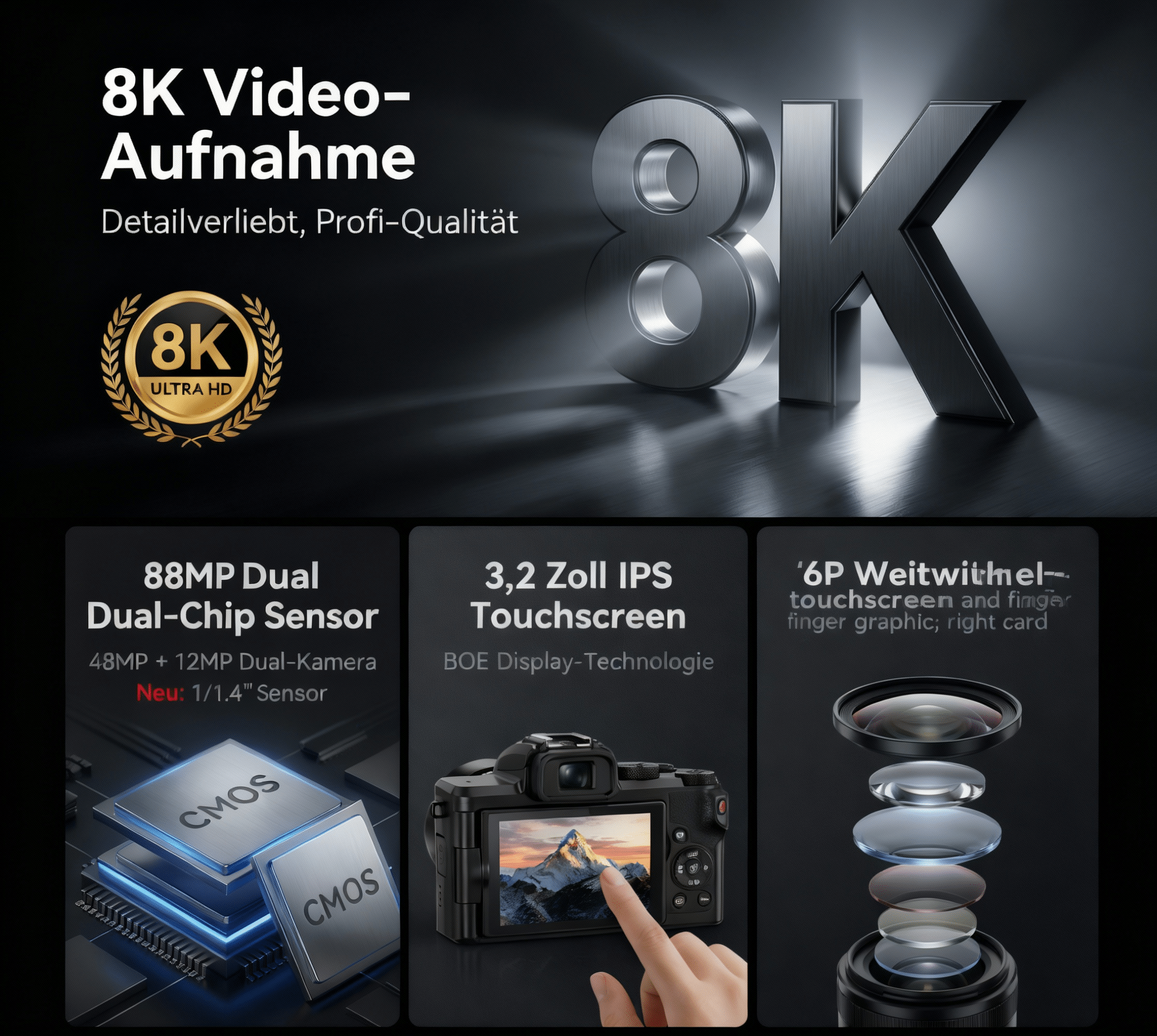 Große 8K-Buchstaben neben Kamerakomponenten: Sensor, Touchscreen, Objektiv.