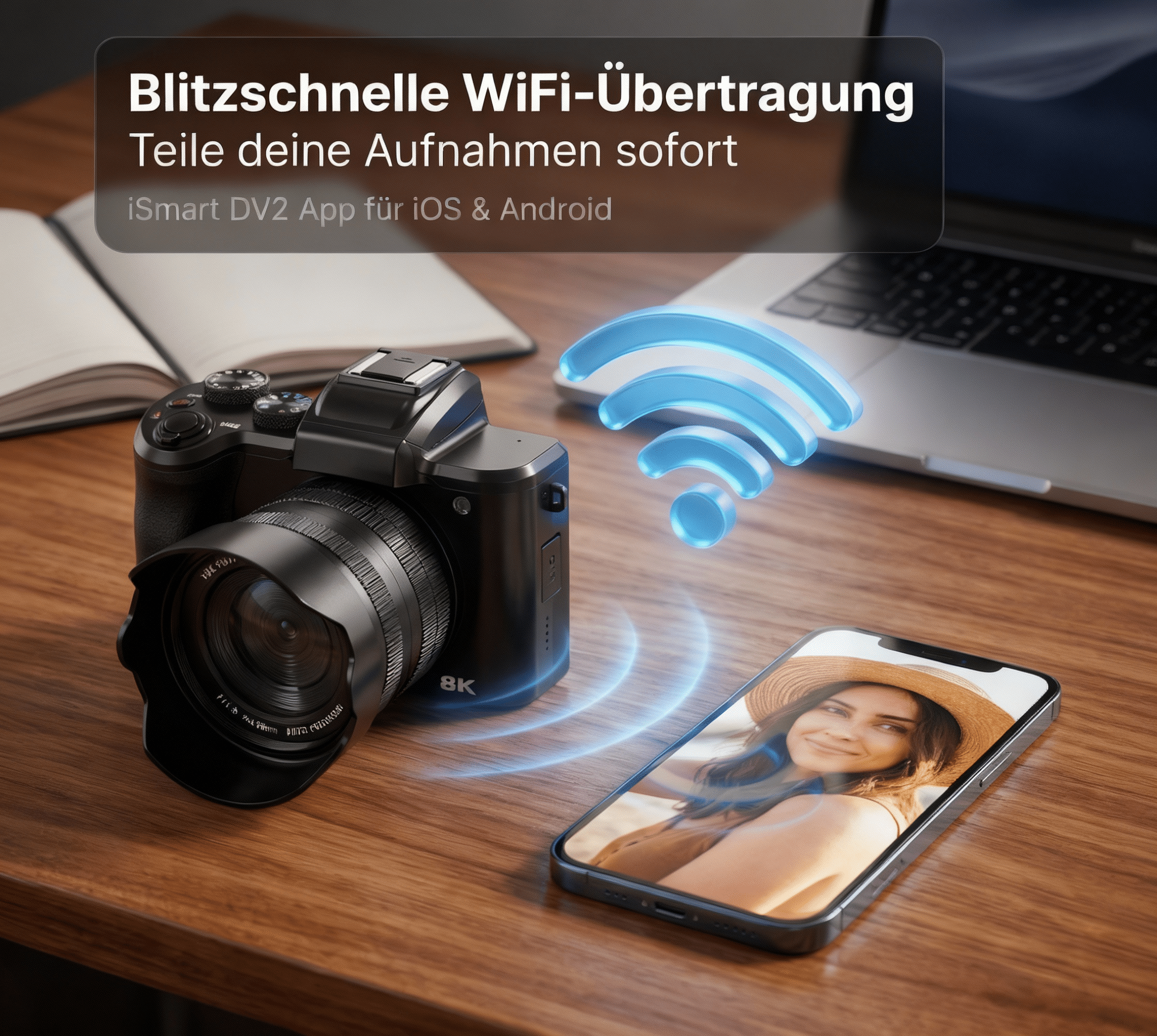 Digitalkamera sendet WiFi-Signal an ein Smartphone mit Bild einer Frau.