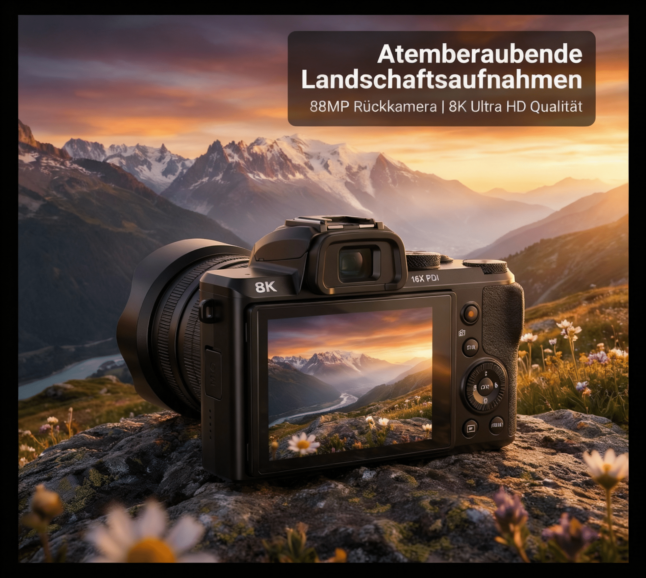 Kamera mit 8K-Auflösung auf Felsen vor Berglandschaft bei Sonnenuntergang.