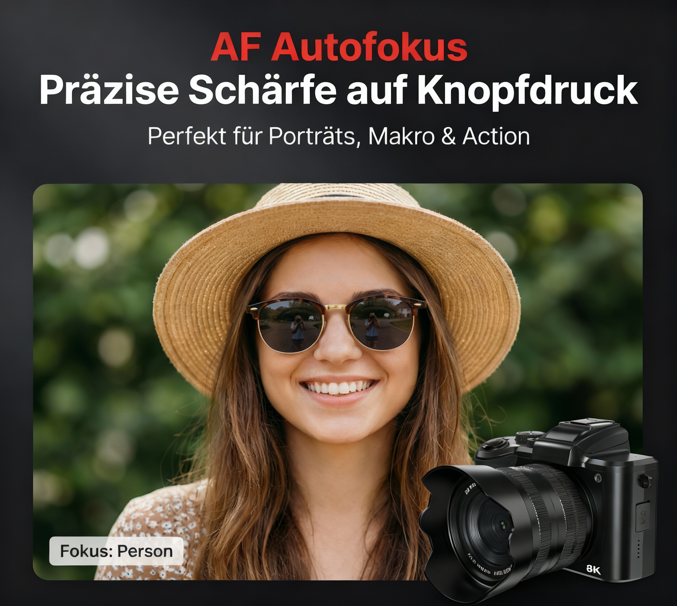 Frau mit Strohhut und Sonnenbrille lächelt, daneben eine Kamera mit "8K".