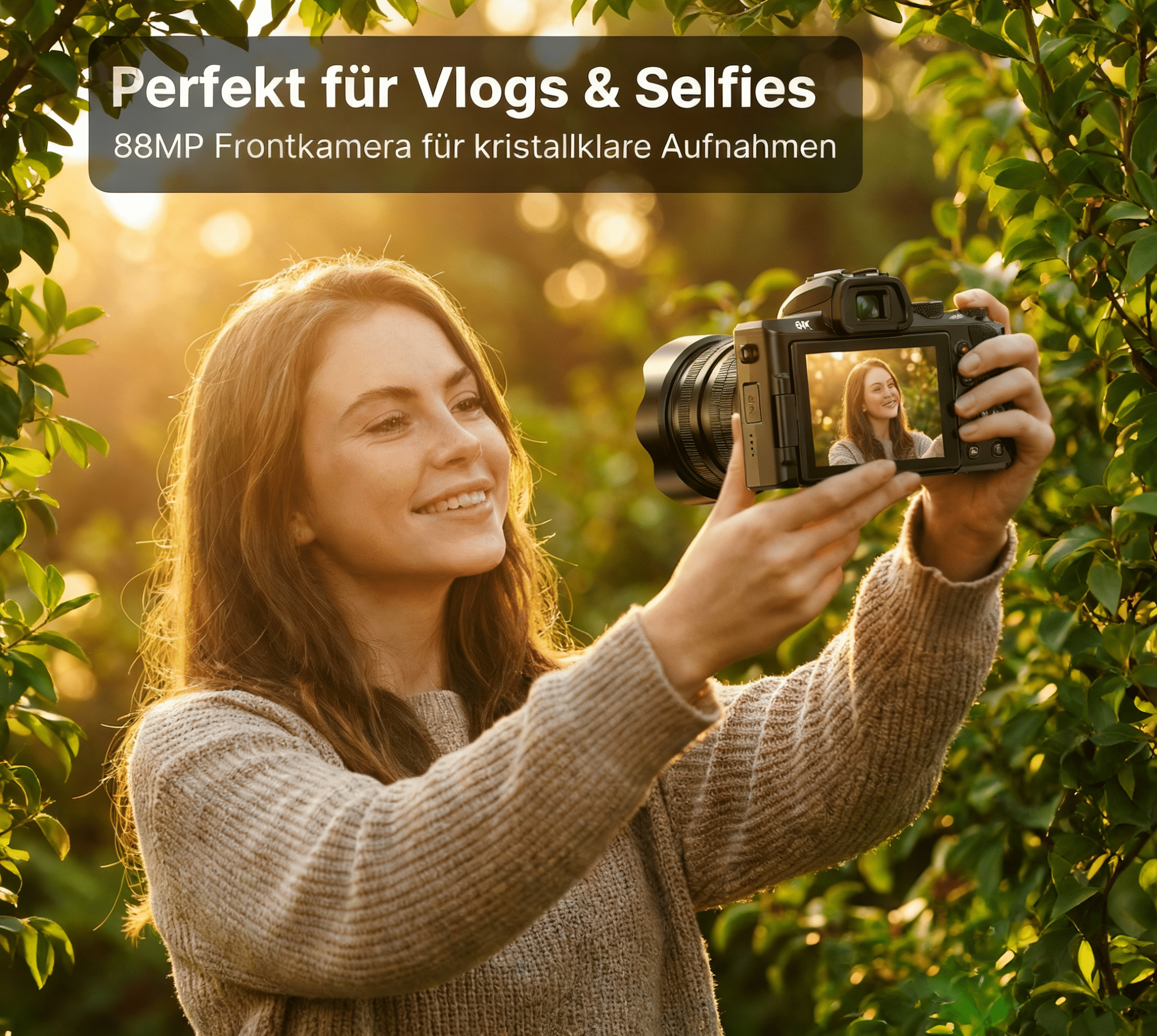 Eine Frau macht ein Selfie mit einer Kamera vor blühenden Bäumen im Sonnenlicht.