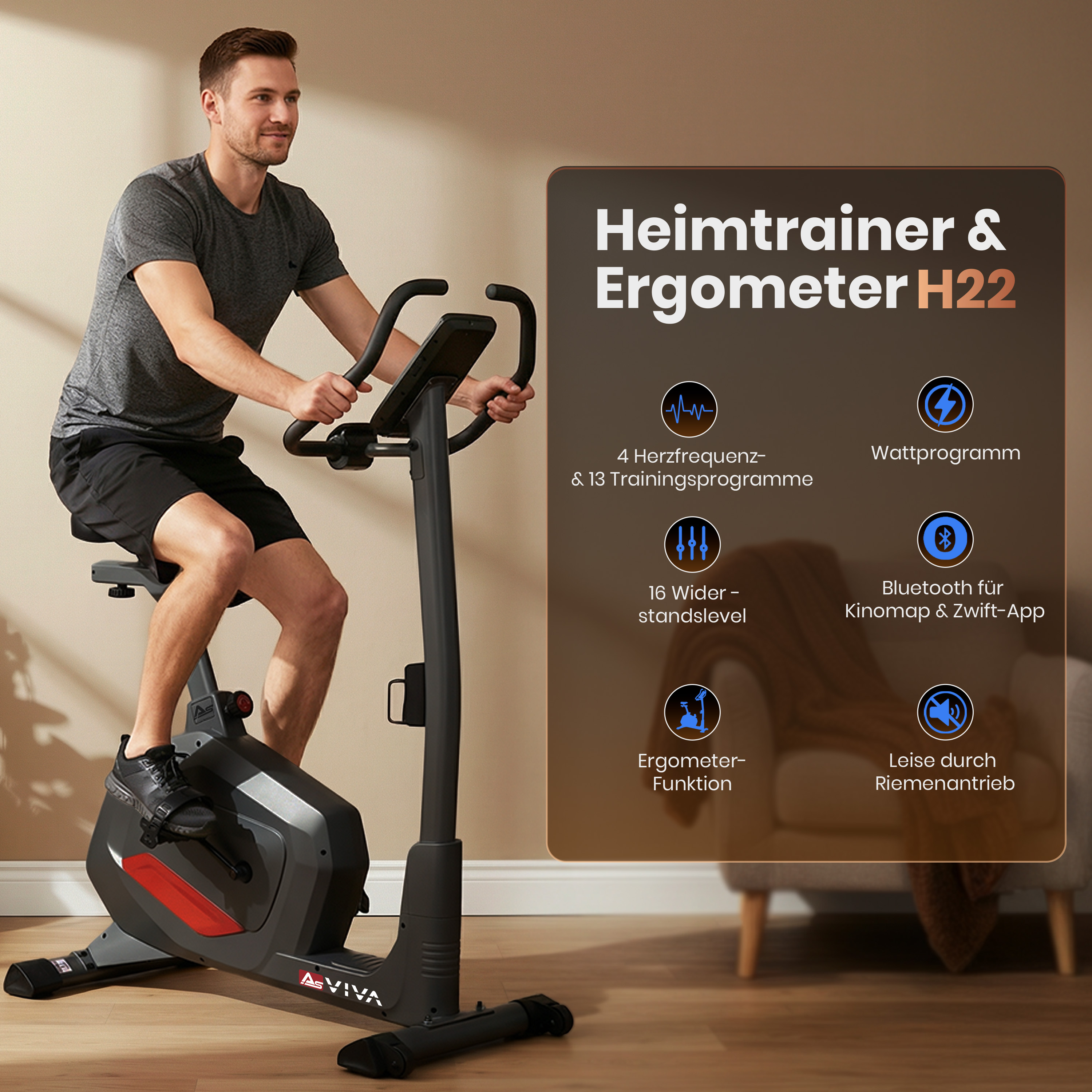 Mann auf Heimtrainer mit Textanzeige: 4 Herzfrequenzprogramme, 16 Stufen.