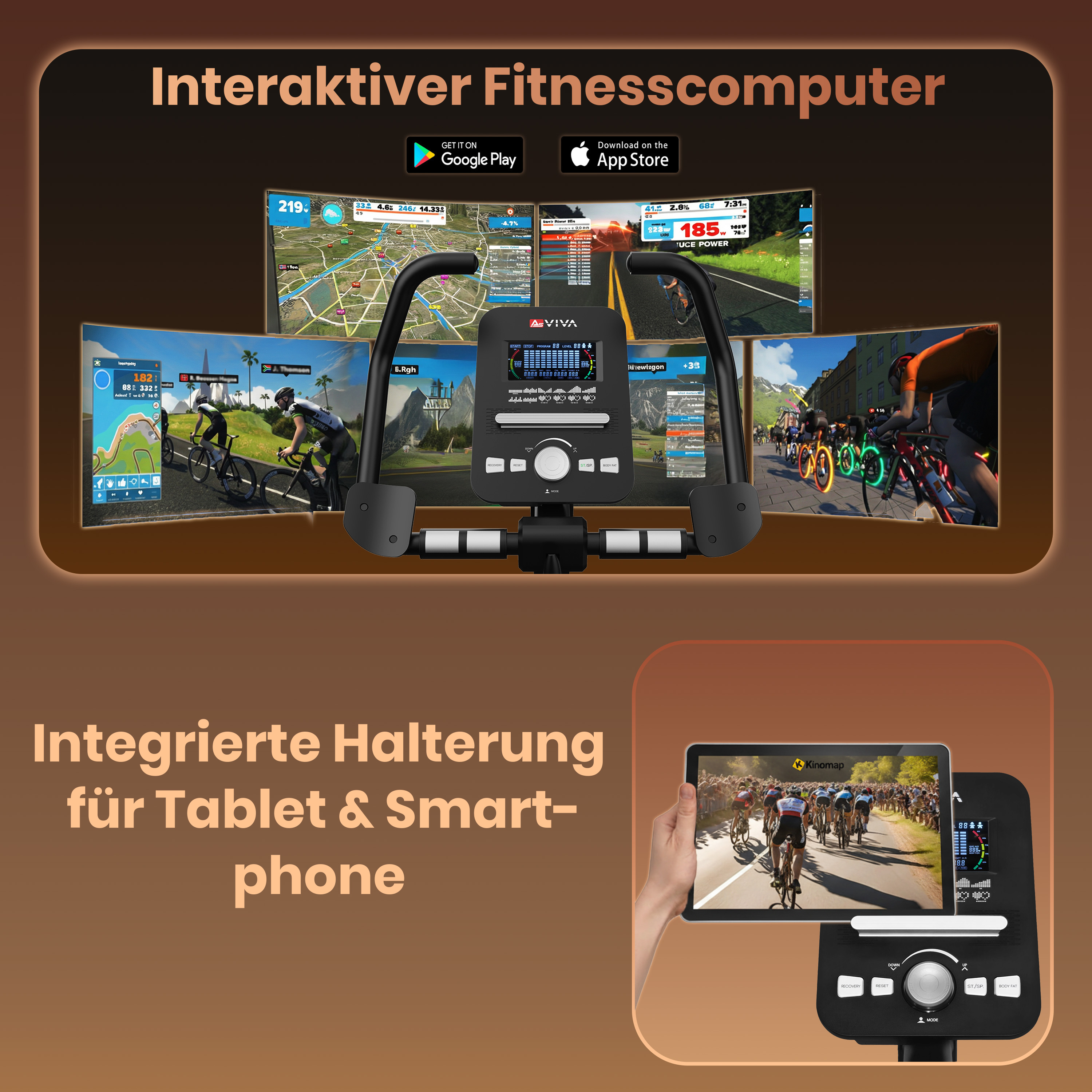 Interaktiver Fitnesscomputer mit integrierter Halterung für Tablets und Smartphones.