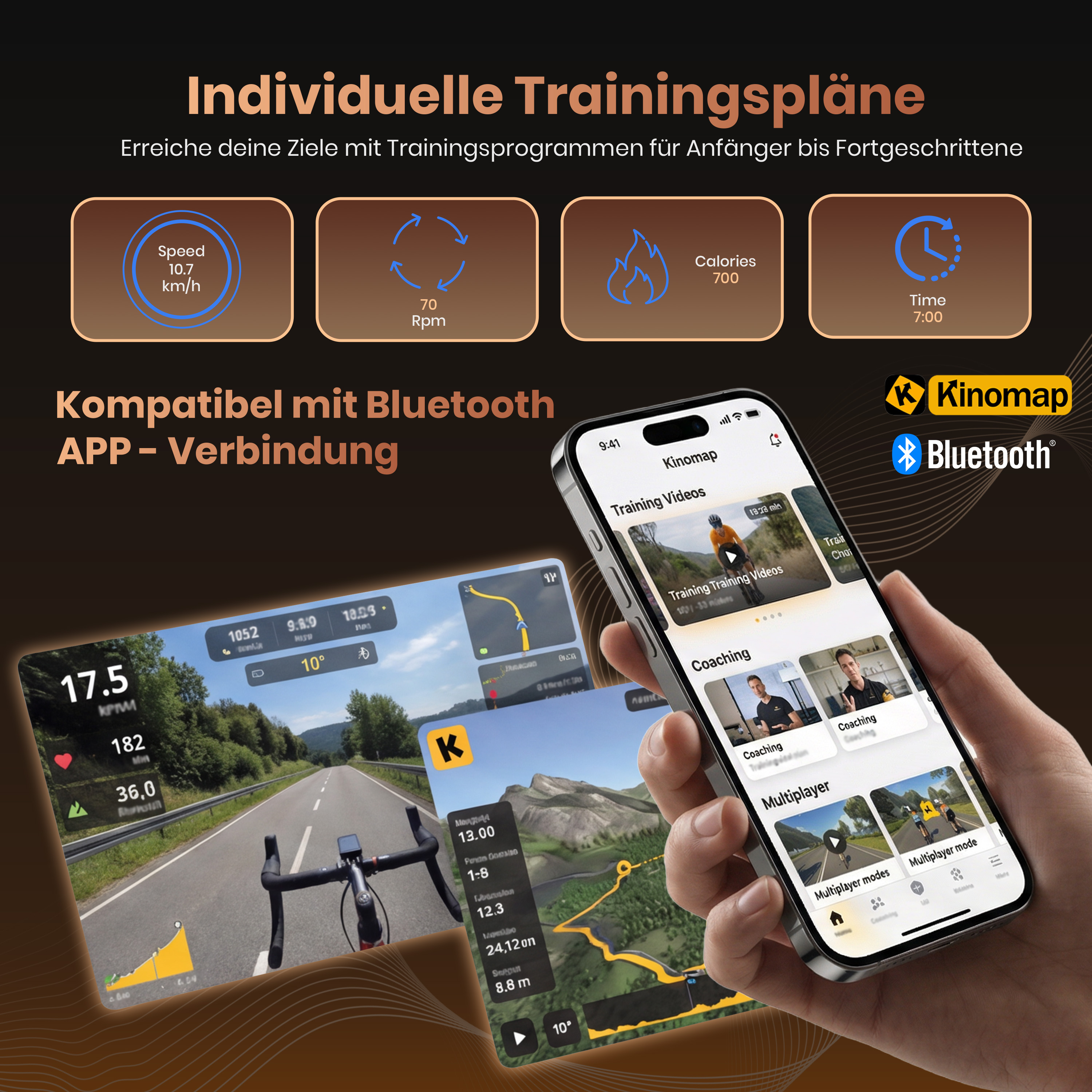 Grafik zeigt Trainings-App-Statistiken: Geschwindigkeit, Zeit, Kalorien, RPM, und eine Handy-Ansicht.