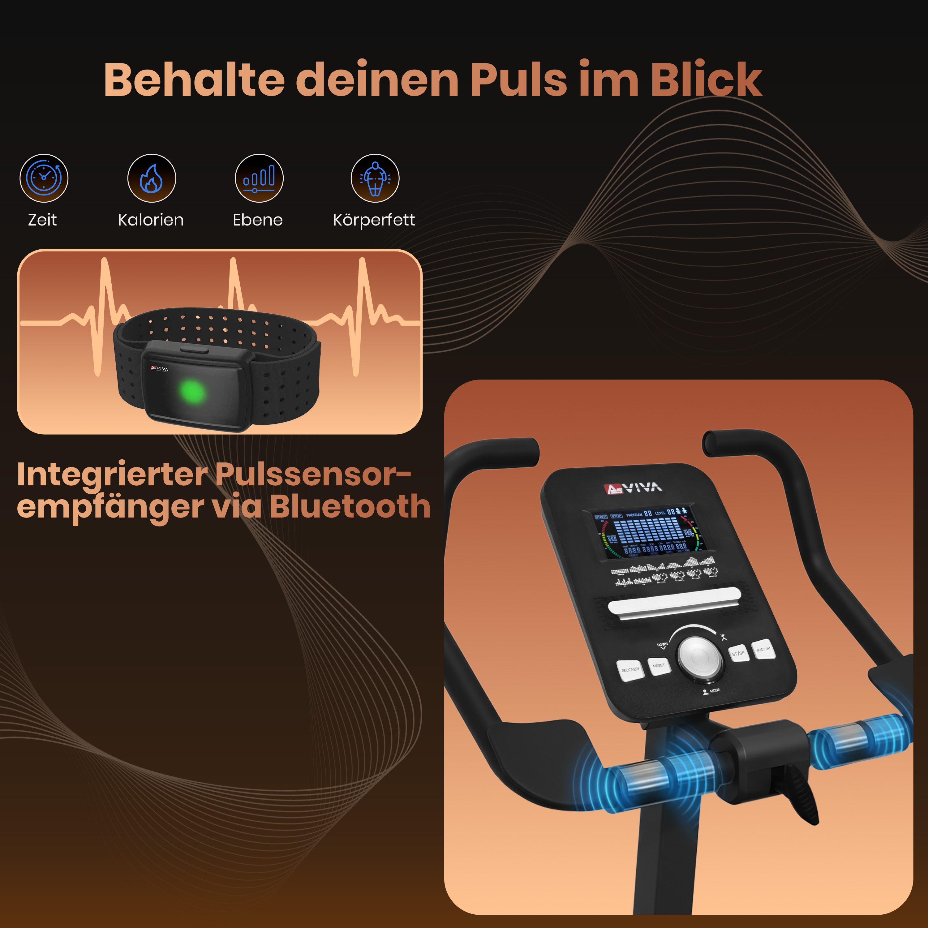 Ein Fitnessrad mit integriertem Pulssensor und Display. Zeigt Zeit, Kalorien, Ebene, Körperfett an.