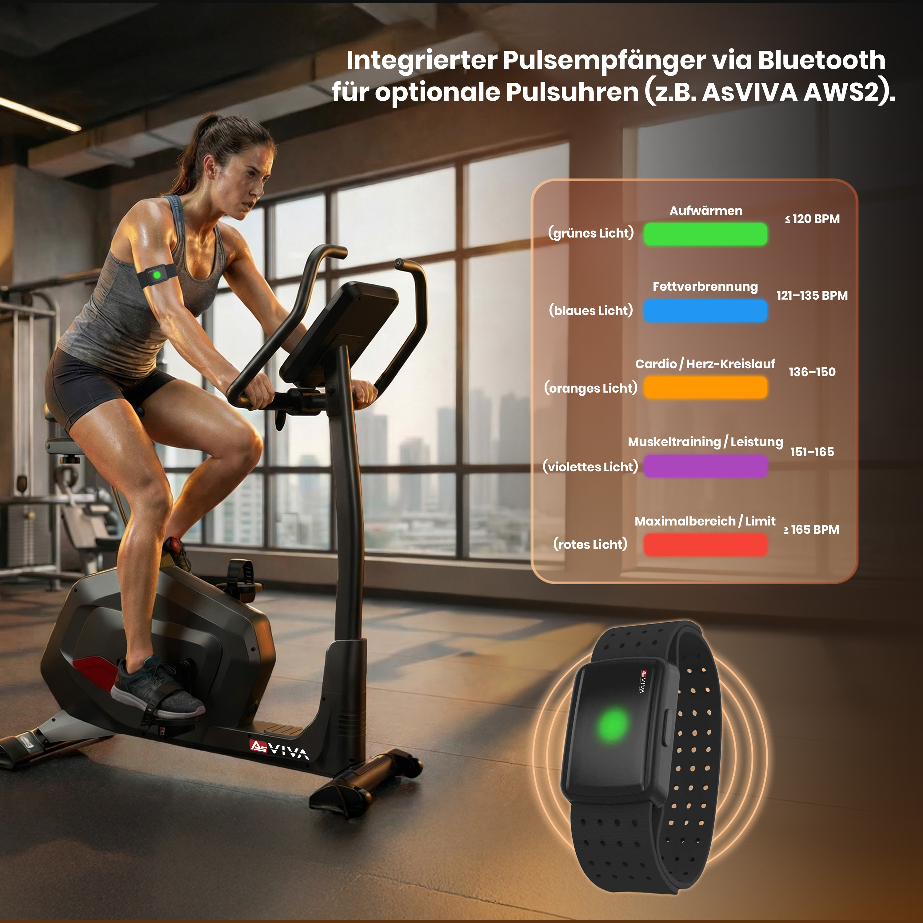 Frau trainiert auf einem Ergometer mit Pulsarmband; zeigt verschiedene Intensitätszonen.