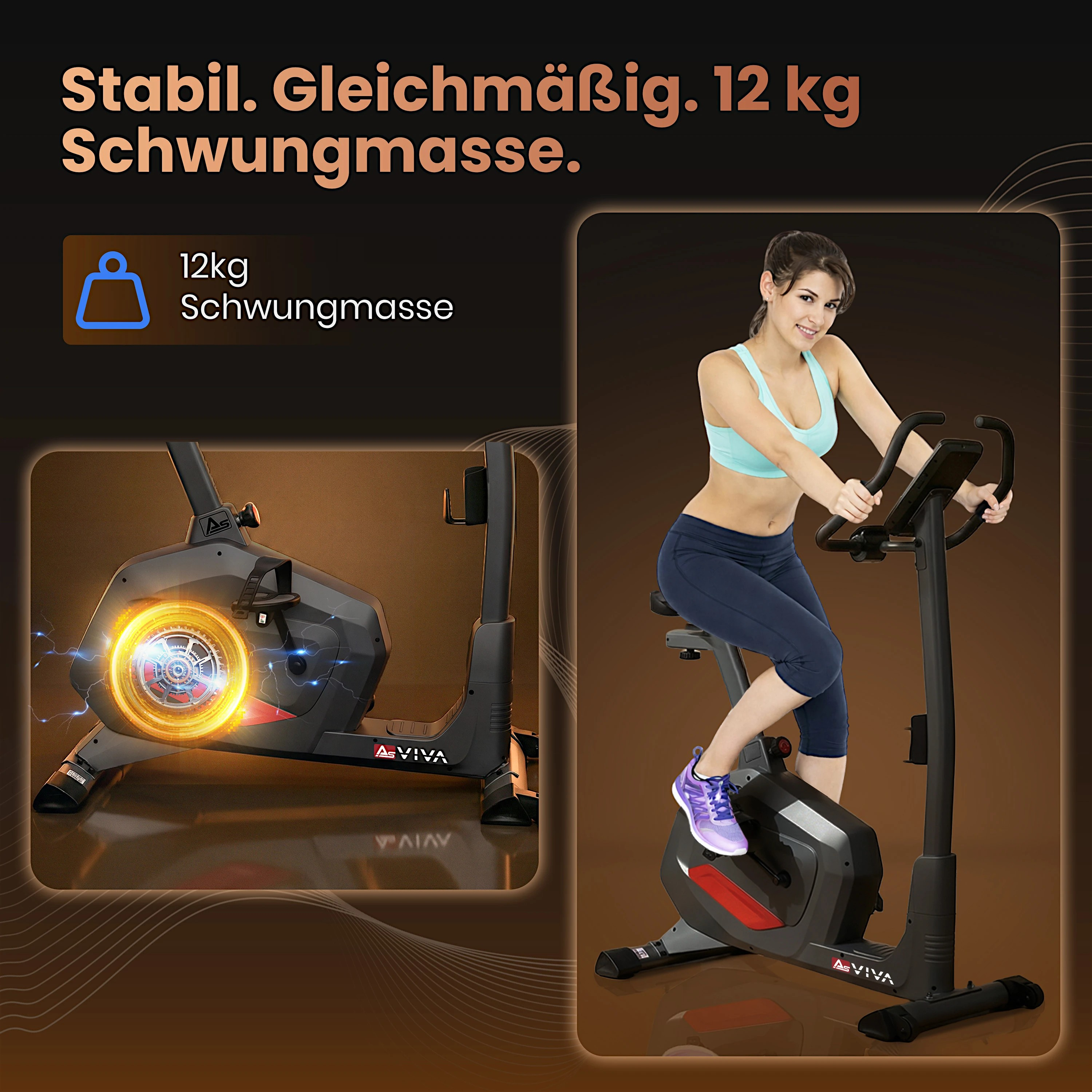 Eine Frau auf einem Heimtrainer. Das Gerät hat eine 12kg Schwungmasse.