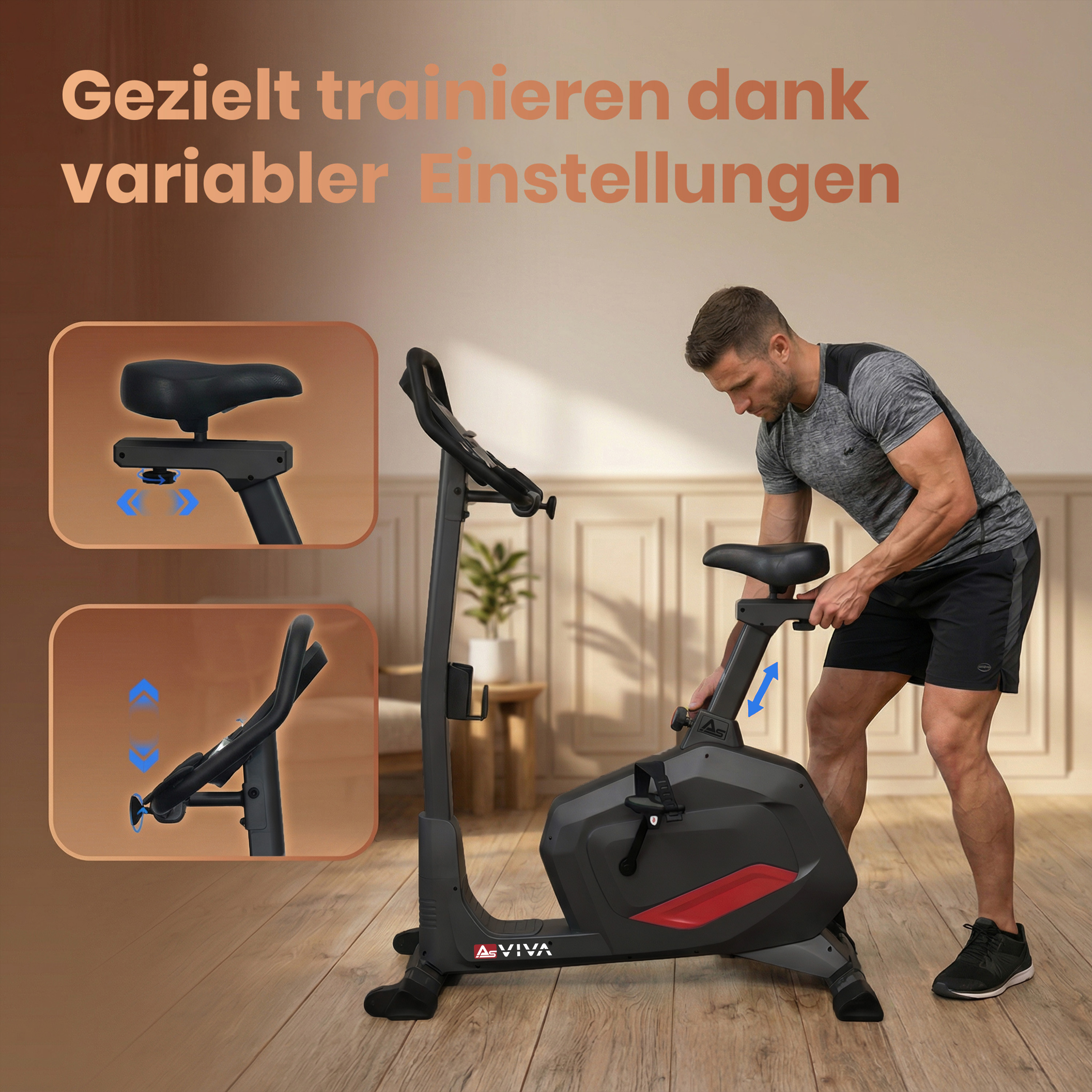 Mann stellt Ergometer-Sitzhöhe ein. Detailansichten zeigen Sitz- und Lenkerverstellung.