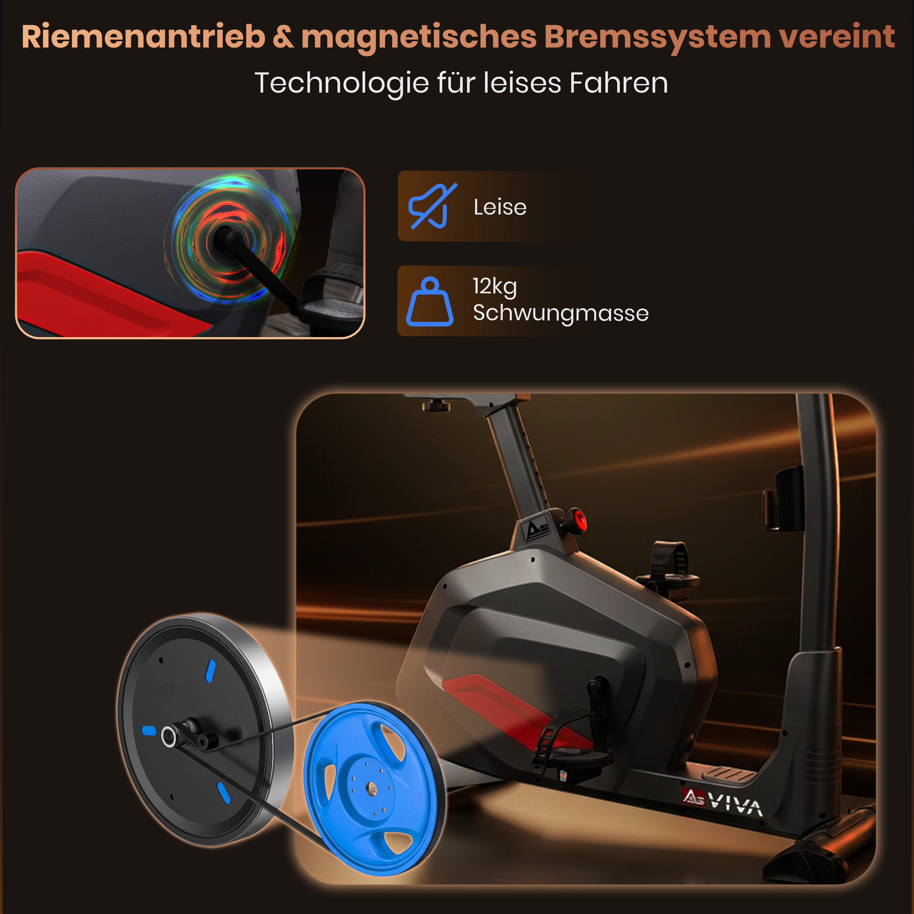 Heimtrainer mit Riemenantrieb, 12kg Schwungmasse und leisem Betrieb.