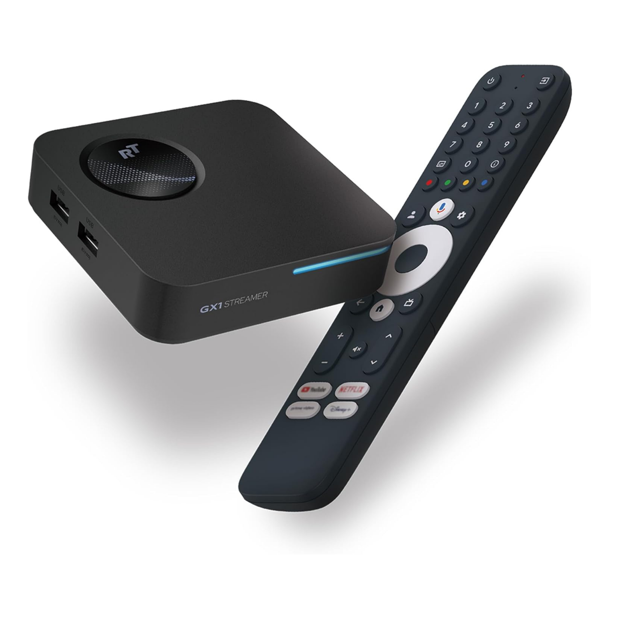 Ein schwarzer Streaming-Player und eine Fernbedienung mit Tasten.