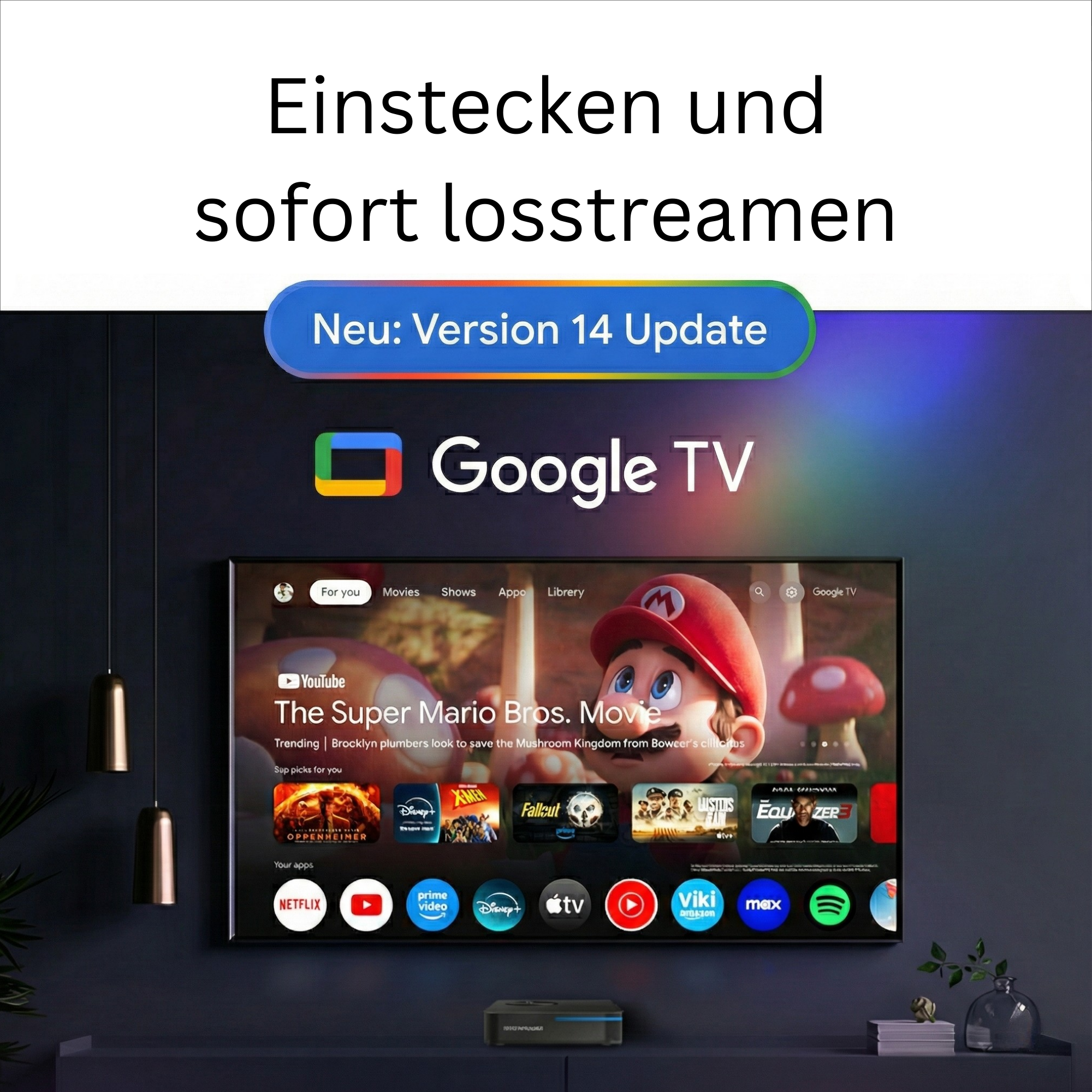 Google TV mit Super Mario Bros. Movie und App-Symbolen auf einem dunklen Hintergrund.