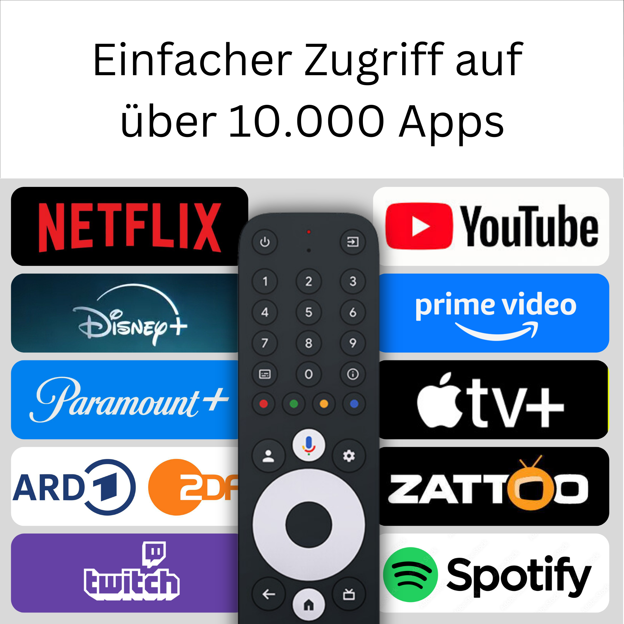 Fernbedienung mit App-Logos: Netflix, YouTube, Disney+, Prime Video, Paramount+, Apple TV+.