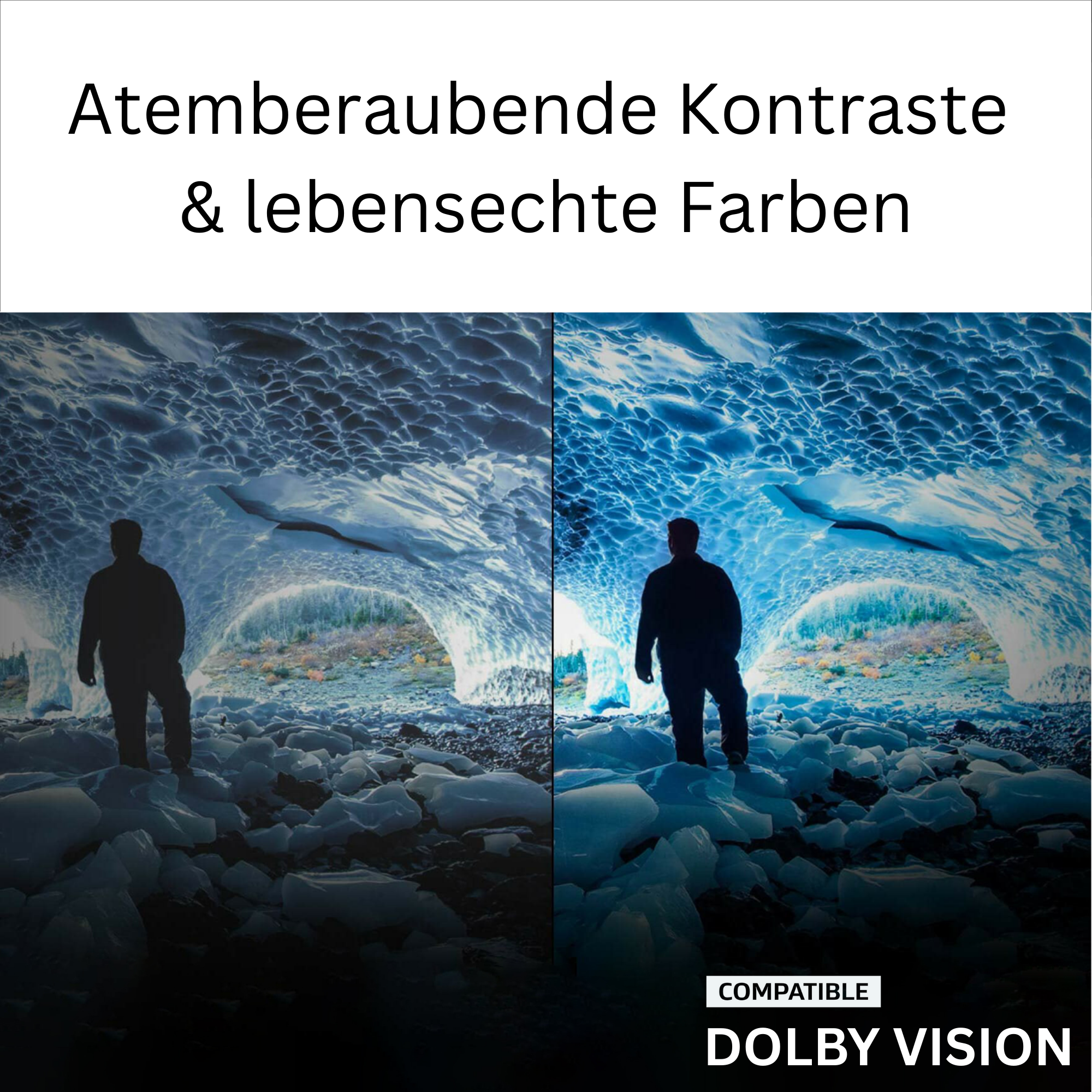 Mann in dunkler Höhle mit Eisformationen; rechts lebendigere Farben.