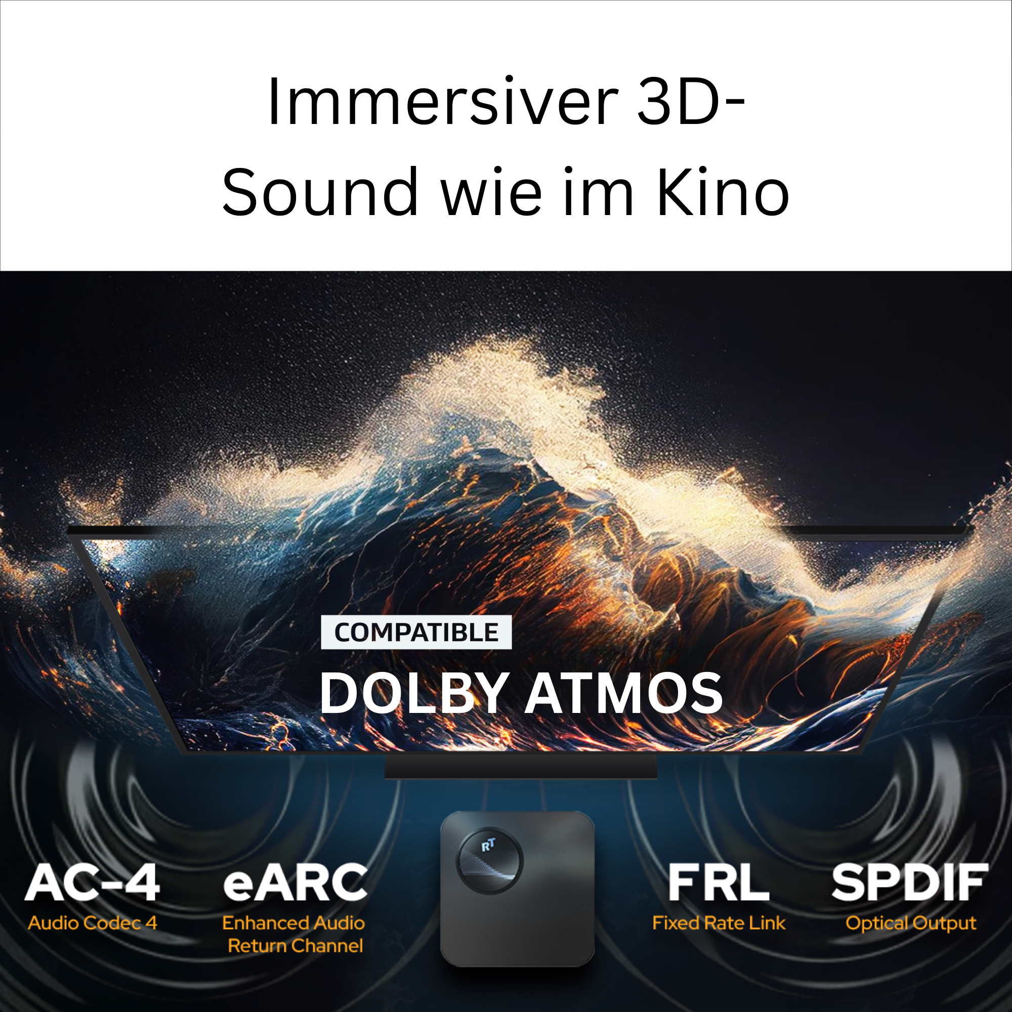 Immersiver 3D-Sound mit Dolby Atmos, AC-4, eARC, FRL, SPDIF.