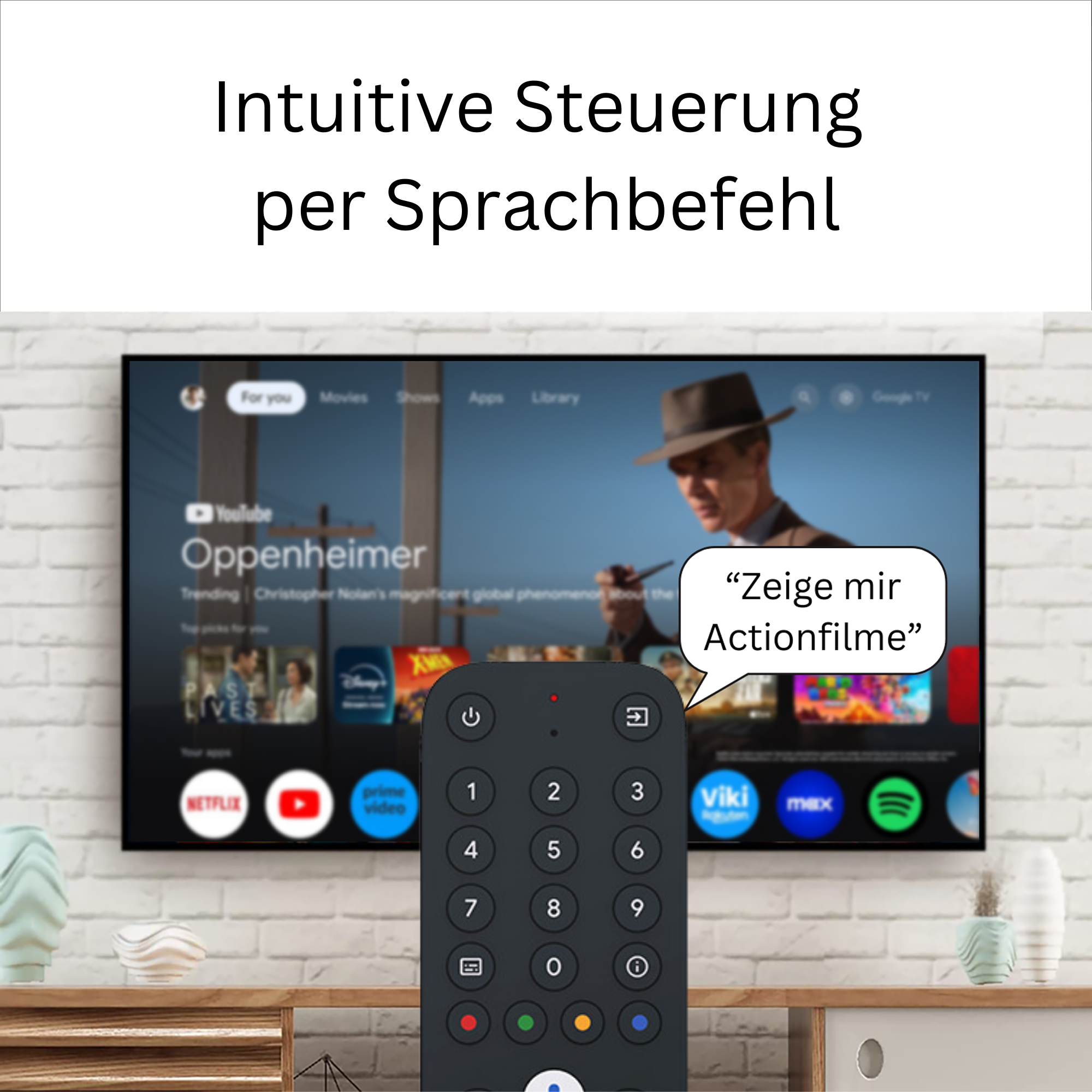 Ein Fernseher zeigt eine Benutzeroberfläche mit dem Film Oppenheimer und einer Sprechblase.