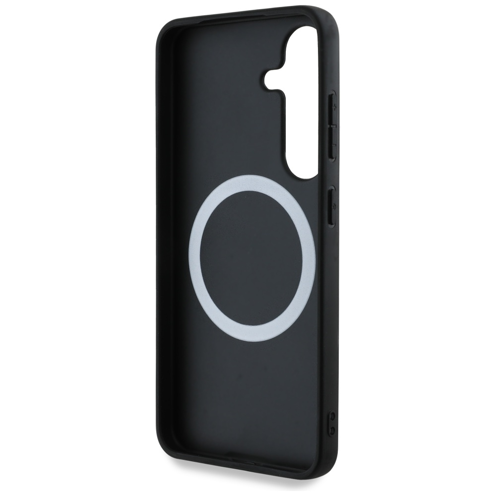 Custodia nera per telefono con cerchio bianco e ritaglio fotocamera.