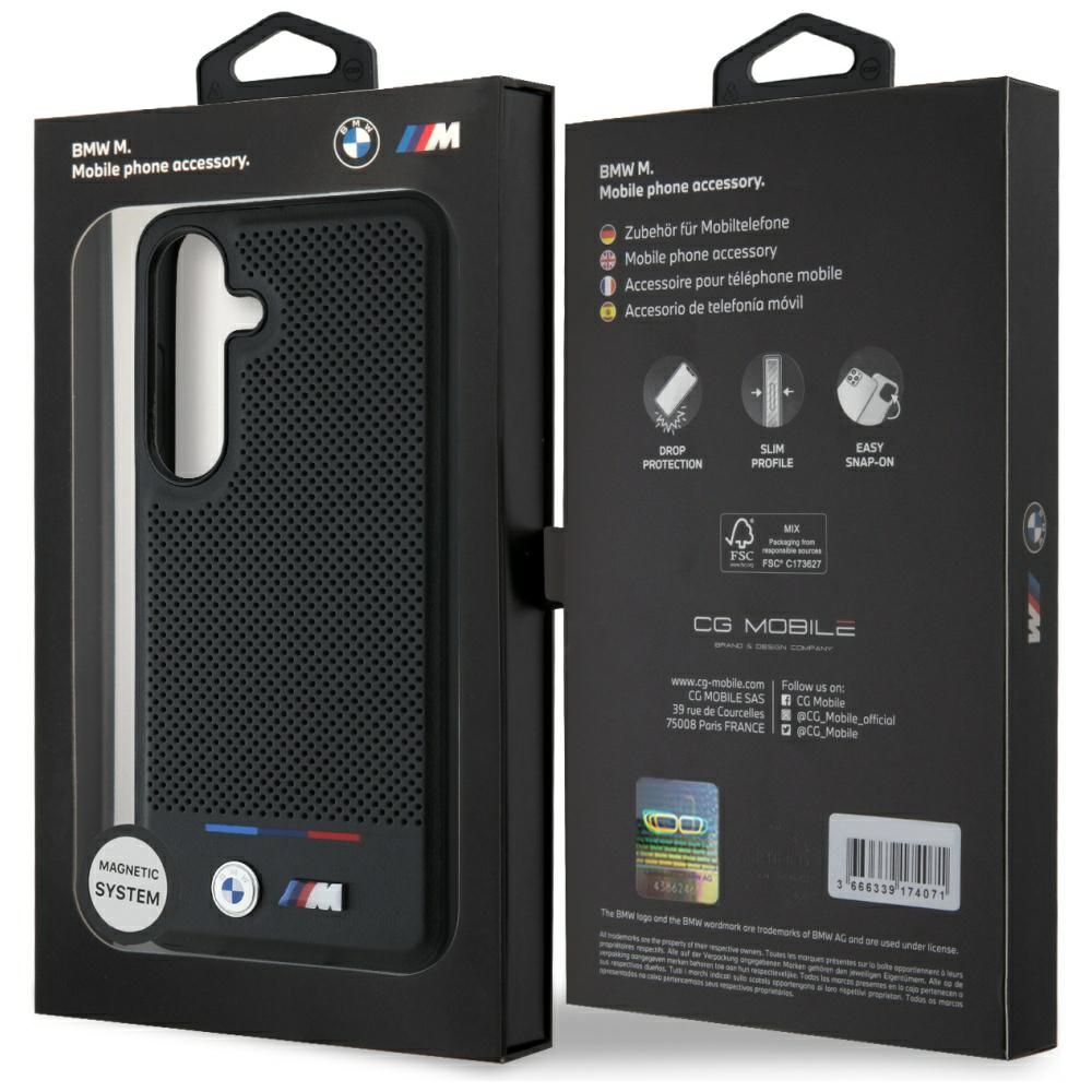 Custodia per telefono BMW M con sistema magnetico, motivo a griglia nera e logo BMW.