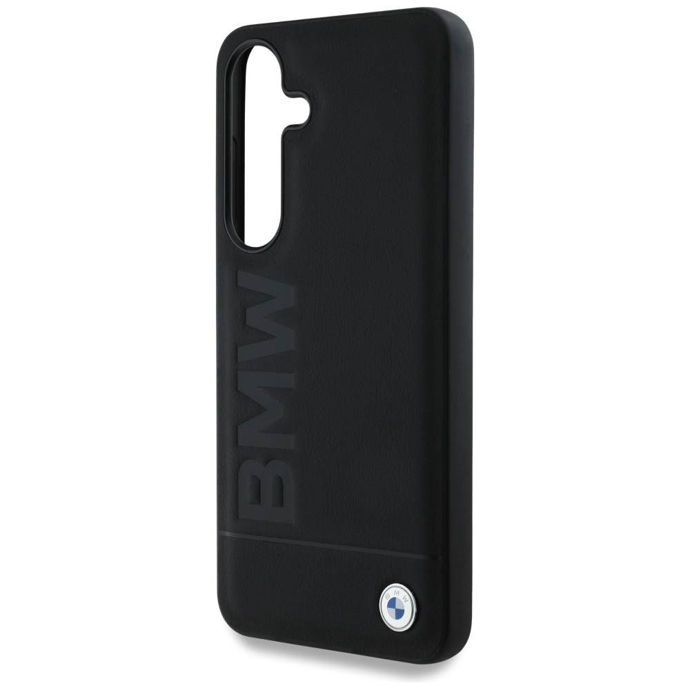 Custodia nera per telefono con logo BMW in rilievo ed emblema BMW.