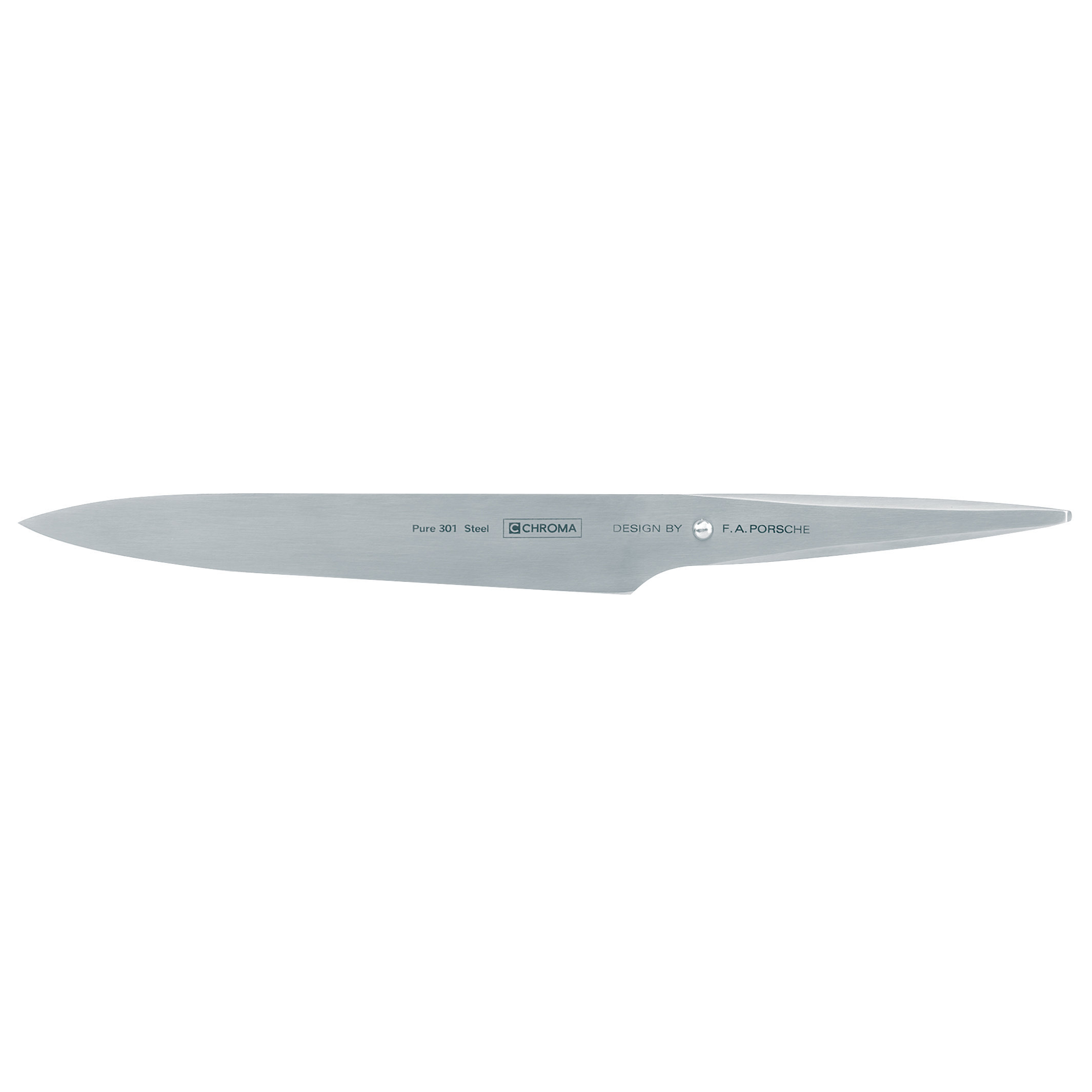 Ein silbernes Messer mit der Aufschrift 'Pure 301 Steel CHROMA DESIGN BY F. A. PORSCHE'.