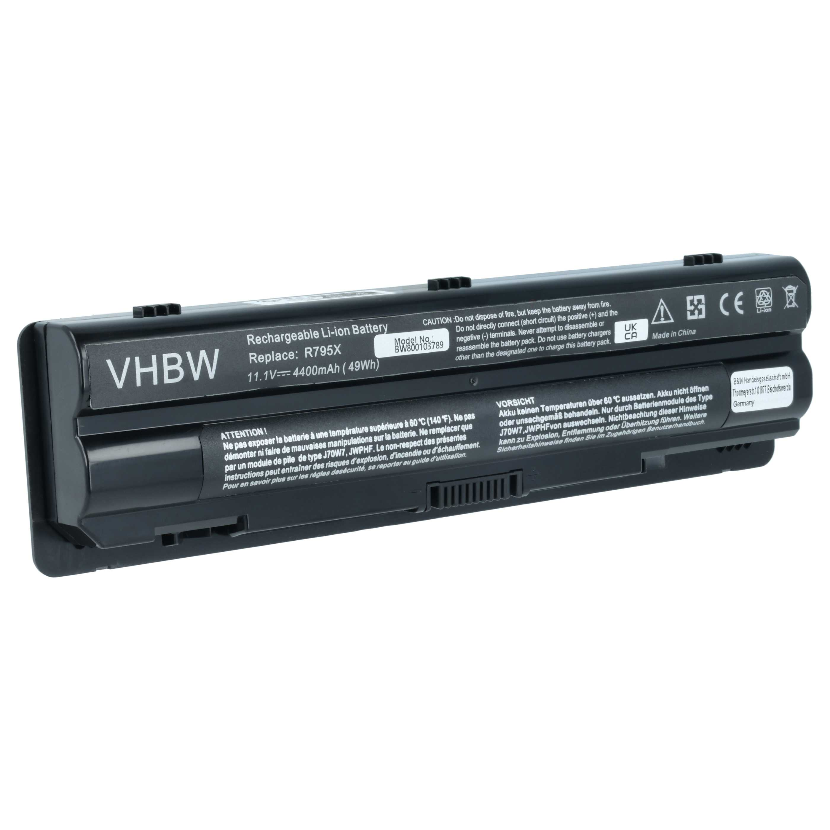 Schwarzer Laptop-Akku mit Aufschriften: VHBW, R795X, 4400mAh.