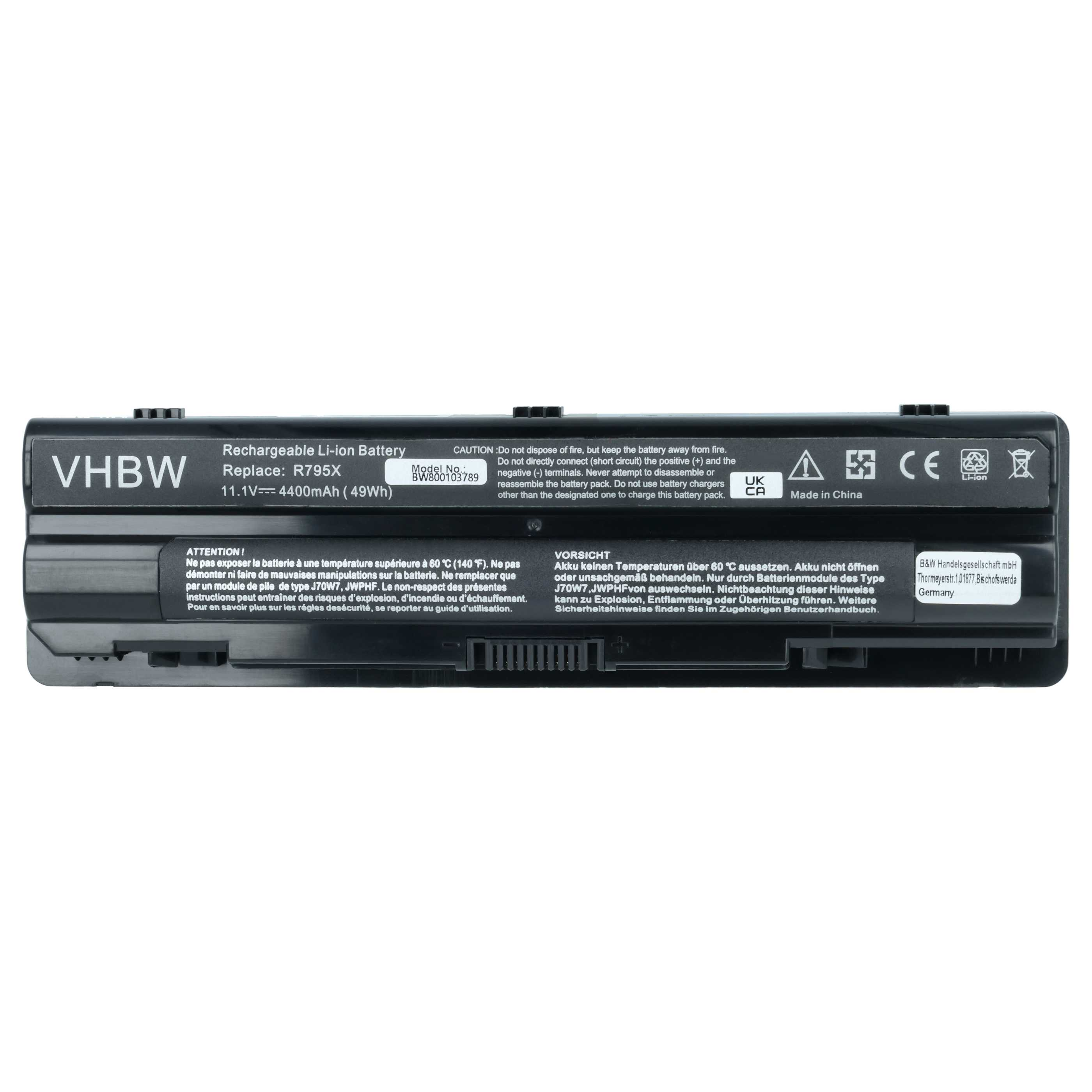 Schwarzer Laptop-Akku mit VHBW-Logo, Modell R795X, 4400mAh.