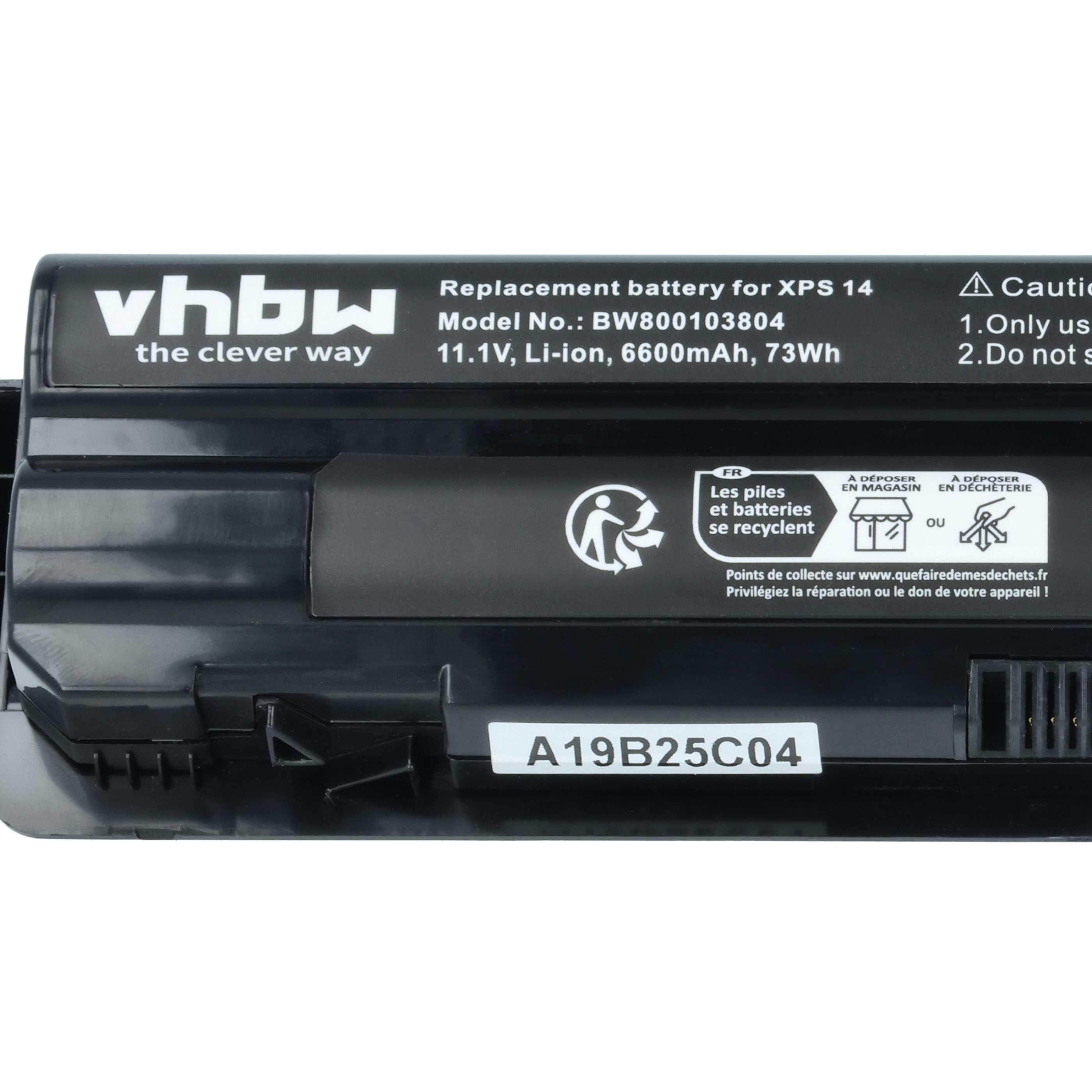 Schwarzer Akku für XPS 14, Vhbw, 11.1V, 6600mAh, mit Recycling-Symbol.