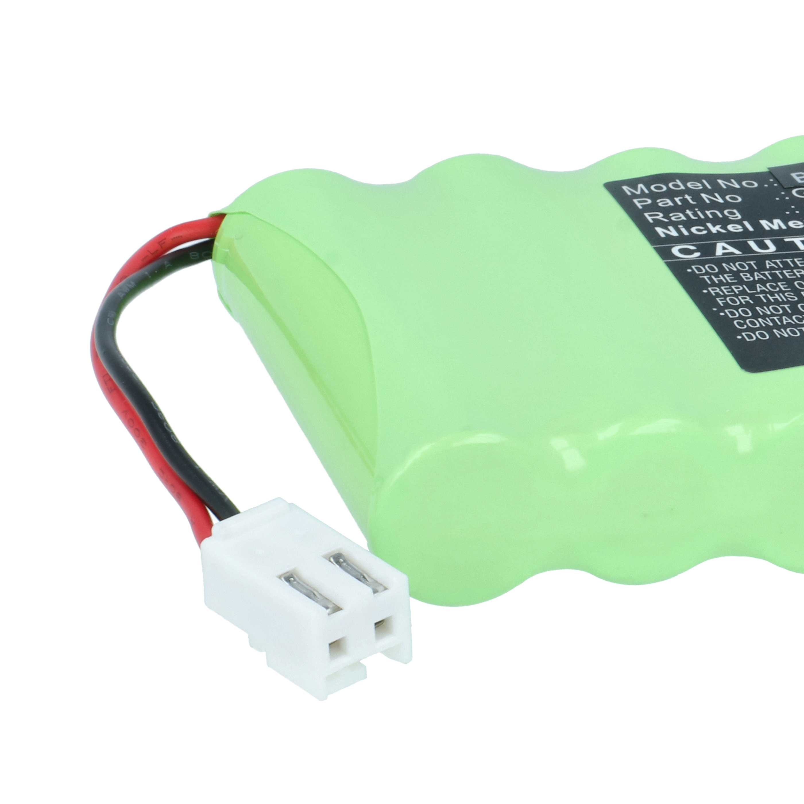 Grüne Batterie mit Kabeln und weißem Stecker, mit Warnhinweisen.