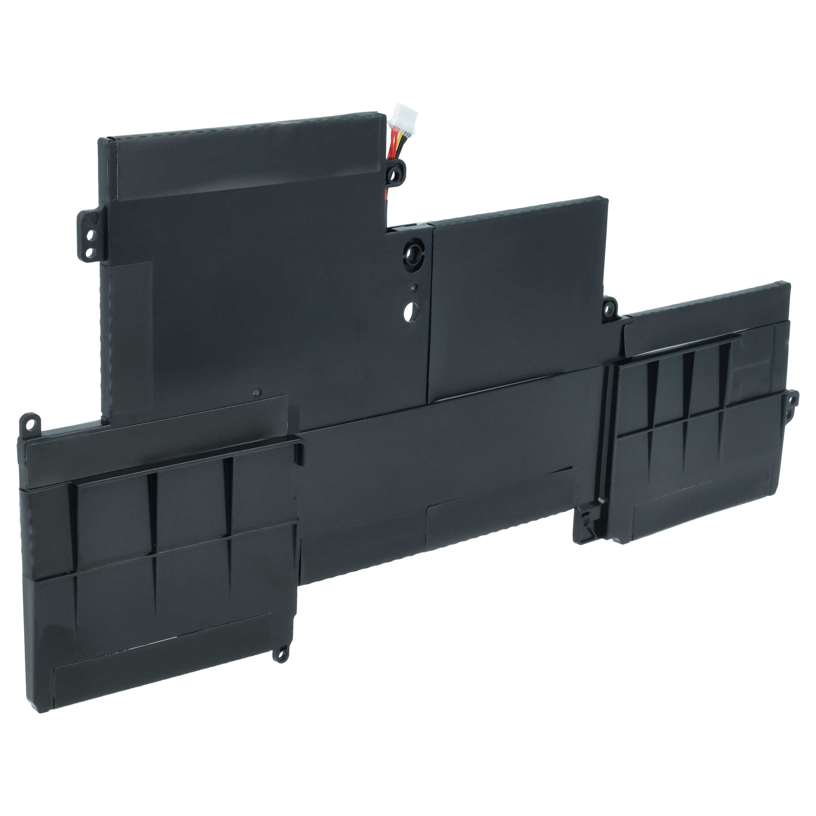 Schwarzer Laptop-Akku mit Kabeln und Anschlüssen, weißer Stecker.