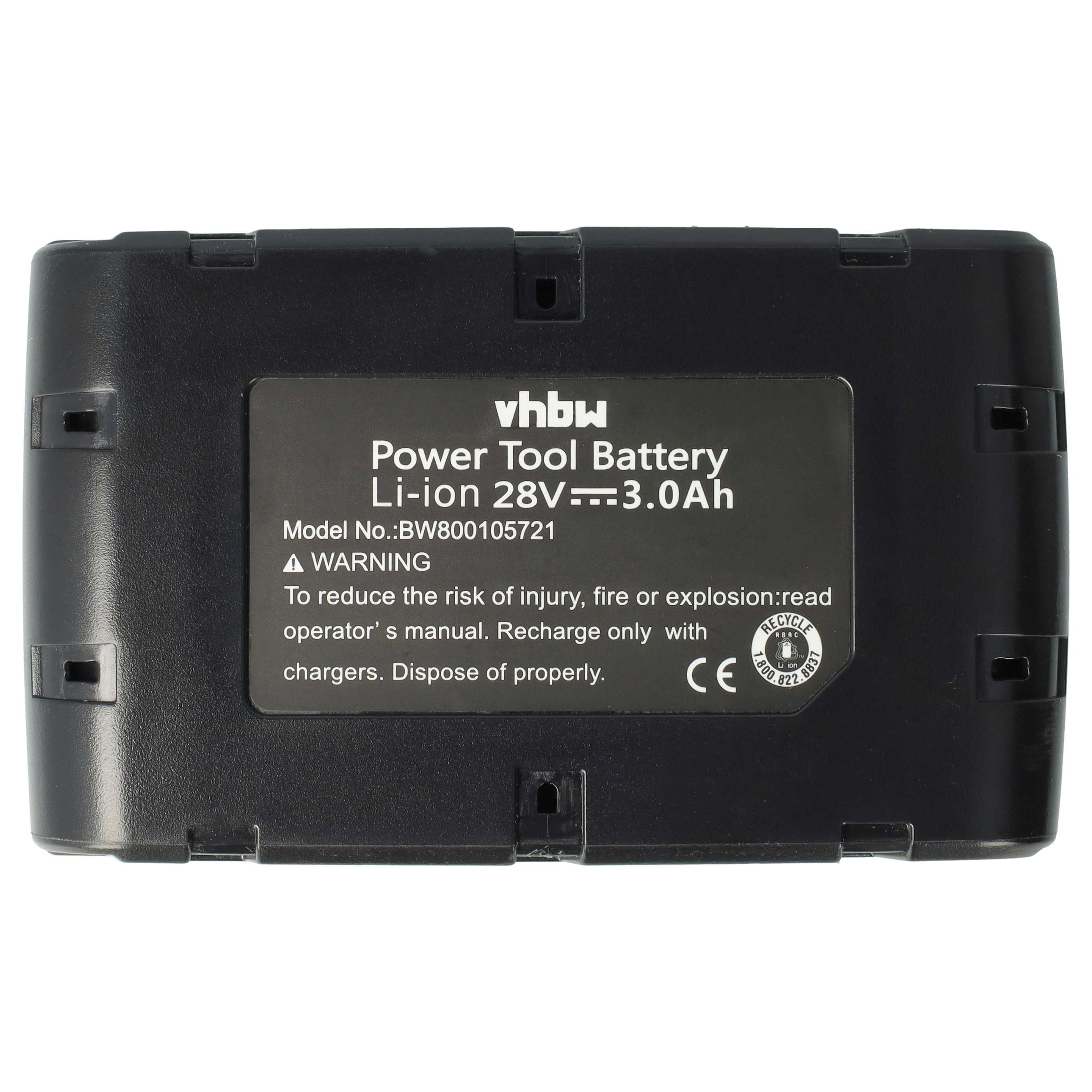 Schwarzer Li-Ion Akku 28V 3.0Ah für Elektrowerkzeuge mit Warnhinweisen.