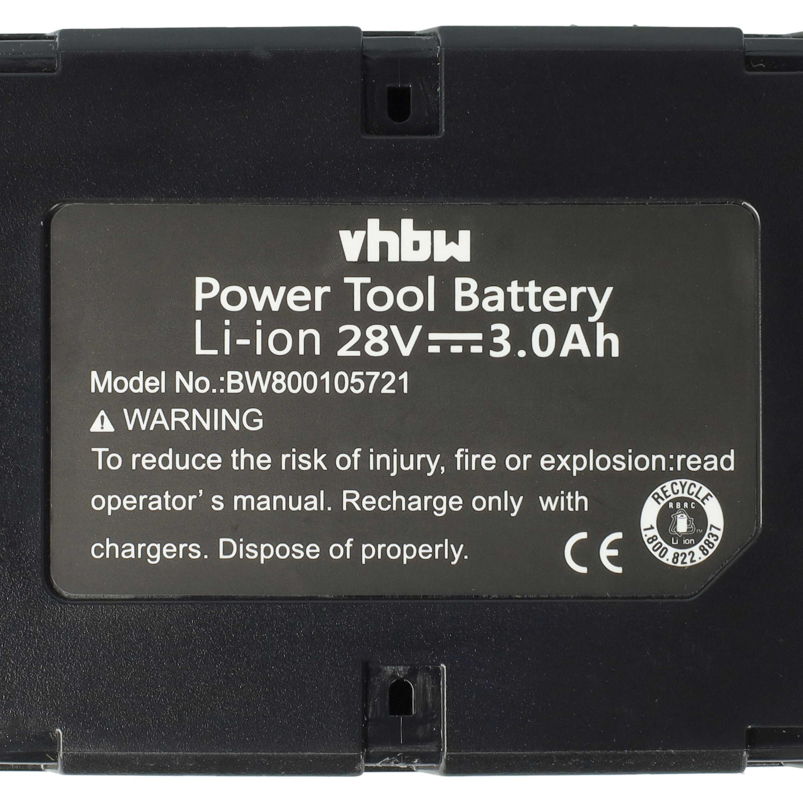 Schwarzer Werkzeug-Akku mit Aufdruck: vhbw, Li-ion 28V 3.0Ah, Modell BW800105721, Warnung.
