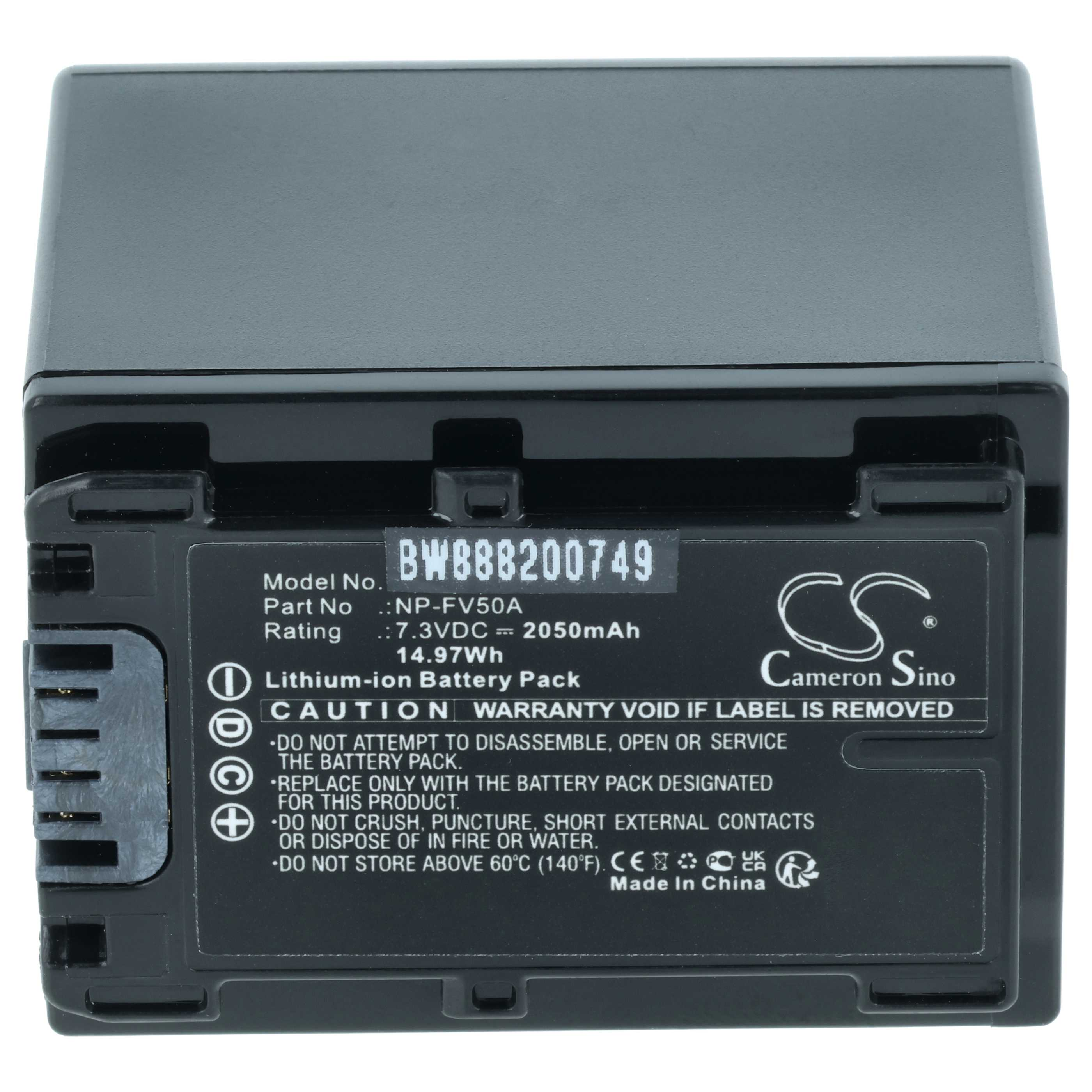 Schwarzer Lithium-Ionen-Akku mit Beschriftung: NP-FV50A, 7.3VDC, 2050mAh.