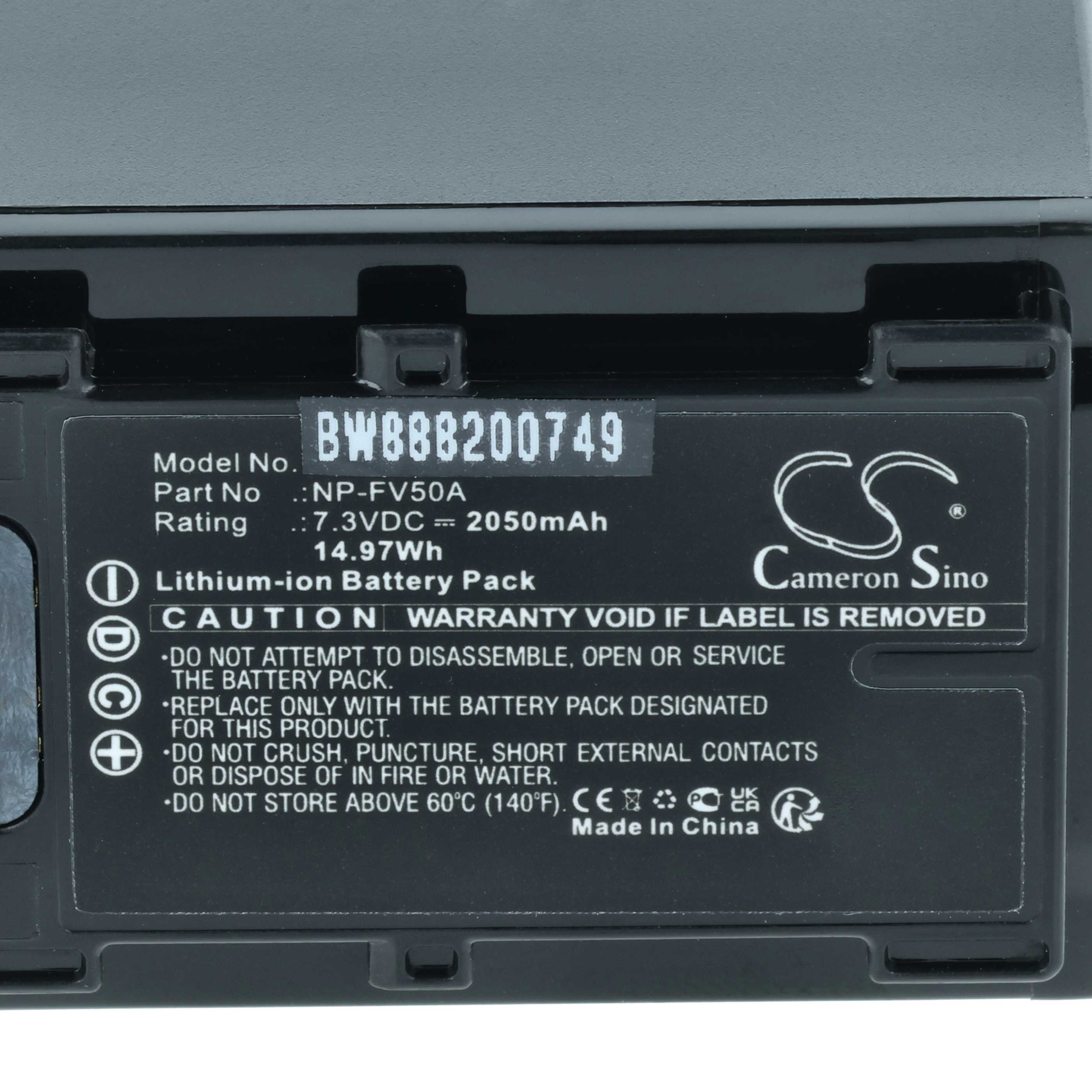 Ein schwarzer Lithium-Ionen-Akku mit Beschriftung: Modell NP-FV50A, 7.3VDC, 2050mAh.