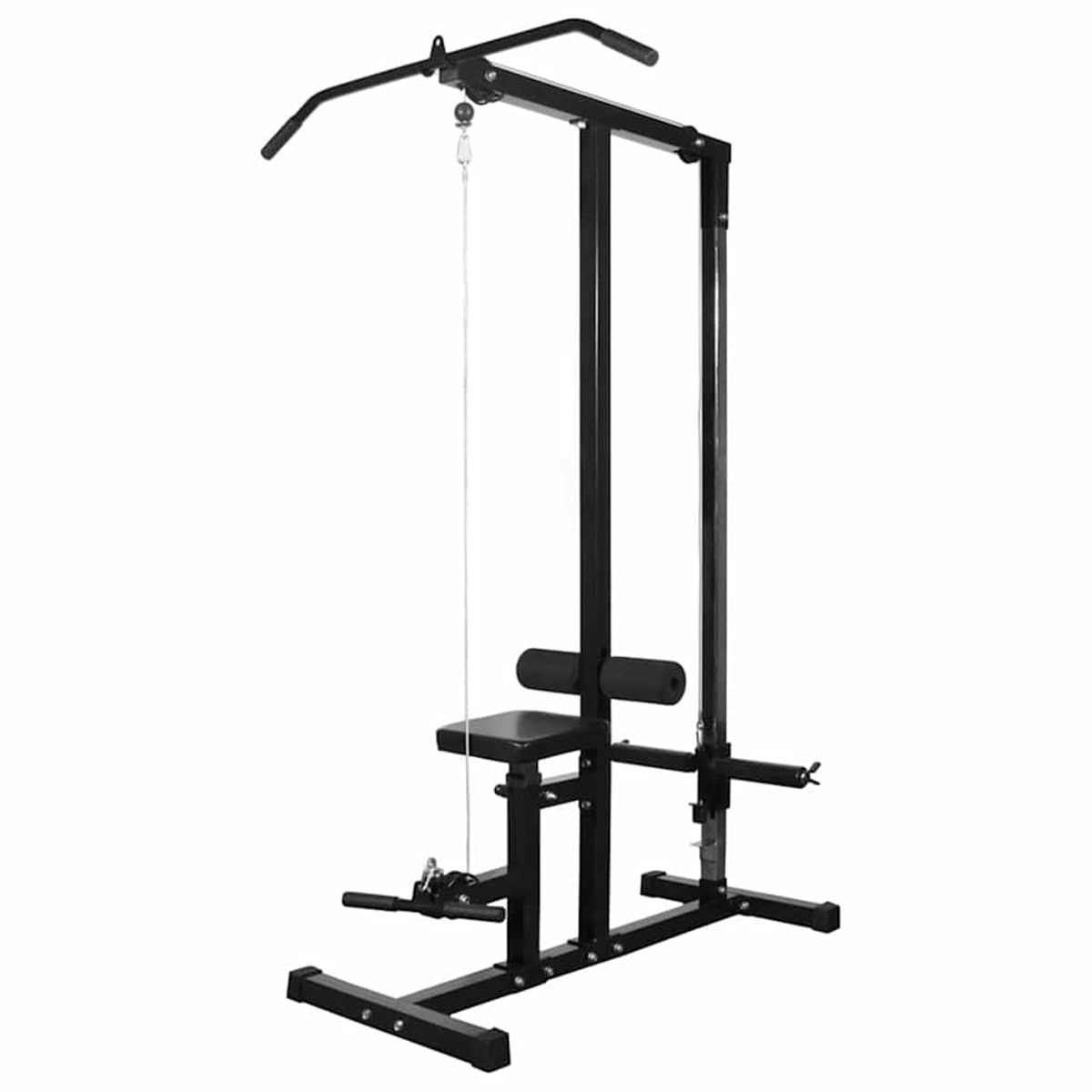 Una lat machine nera con sedile, maniglie e cavo su sfondo bianco.