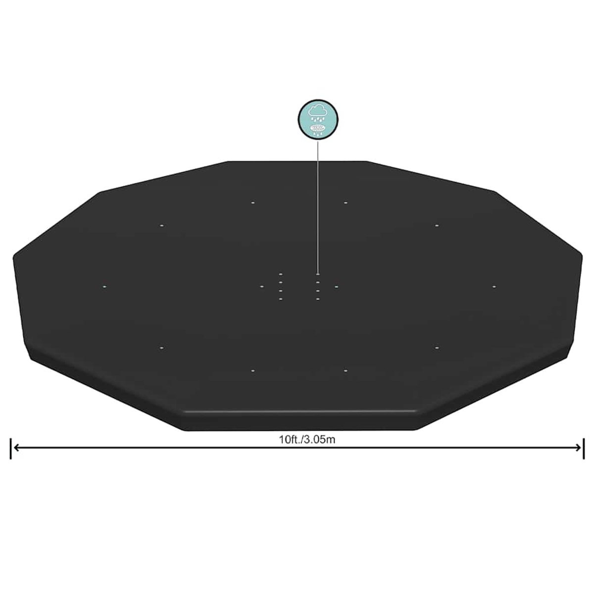 Schwarzer achteckiger Tisch mit Maßen 10 Fuß/3,05 m. Regen-Symbol.