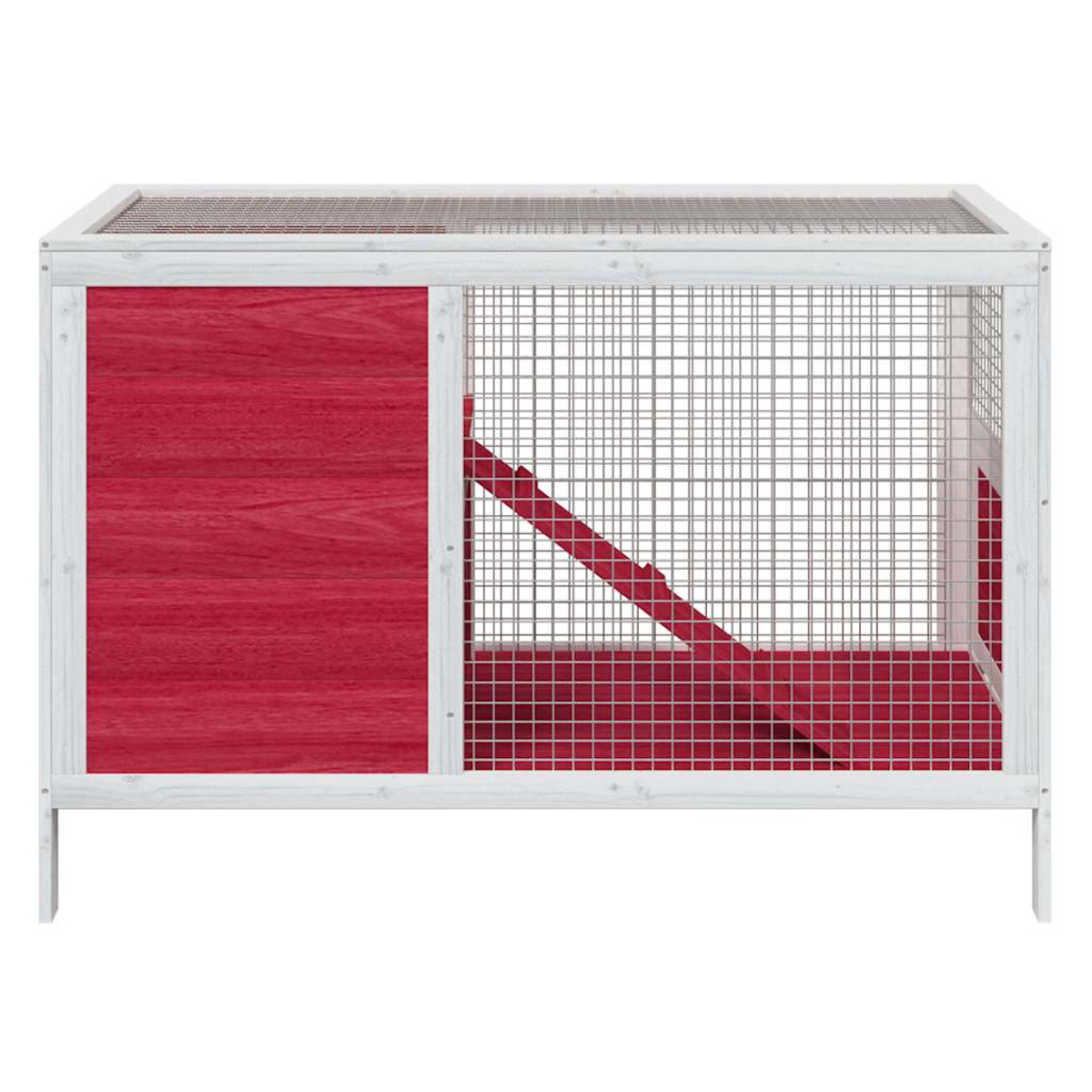 Ein weißer und roter Kleintierkäfig mit Gitter und Rampe.