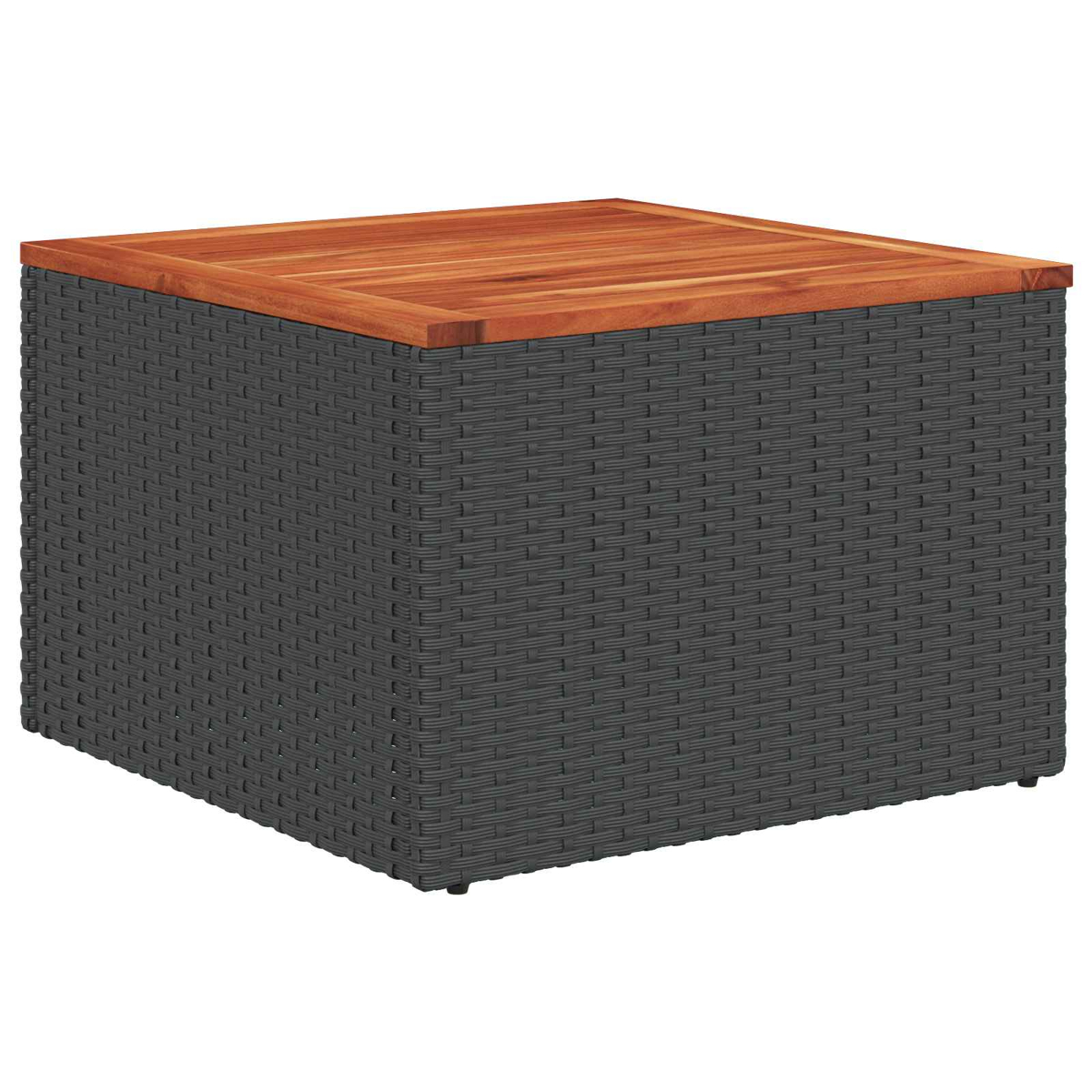 Ein rechteckiger Tisch mit einem dunklen Rattangeflecht und einer Holzplatte.
