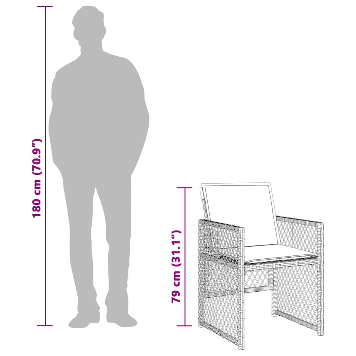 Ein stilisierter Mann (180 cm) neben einem stilisierten Stuhl (79 cm).
