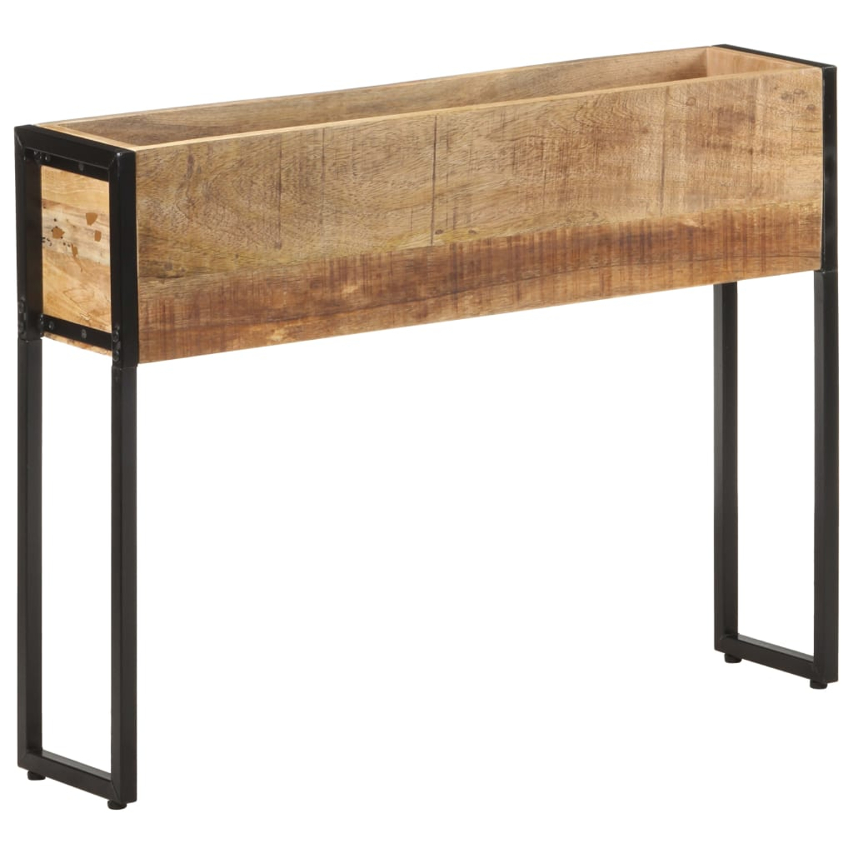 Holz-Pflanzkasten mit schwarzem Metallgestell auf weißen Hintergrund.