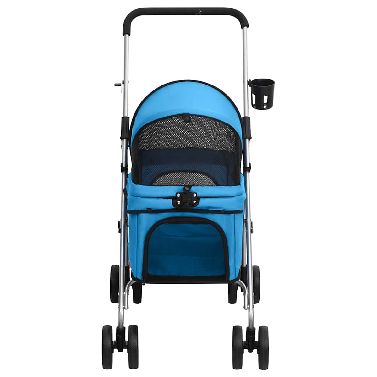 Ein blauer Haustierkinderwagen mit Netzfenstern und einem Getränkehalter.