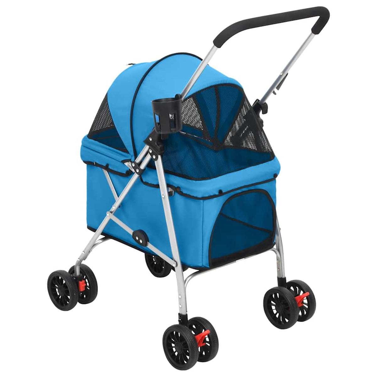 Ein blauer Haustierwagen mit Netzfenstern und einem Getränkehalter.