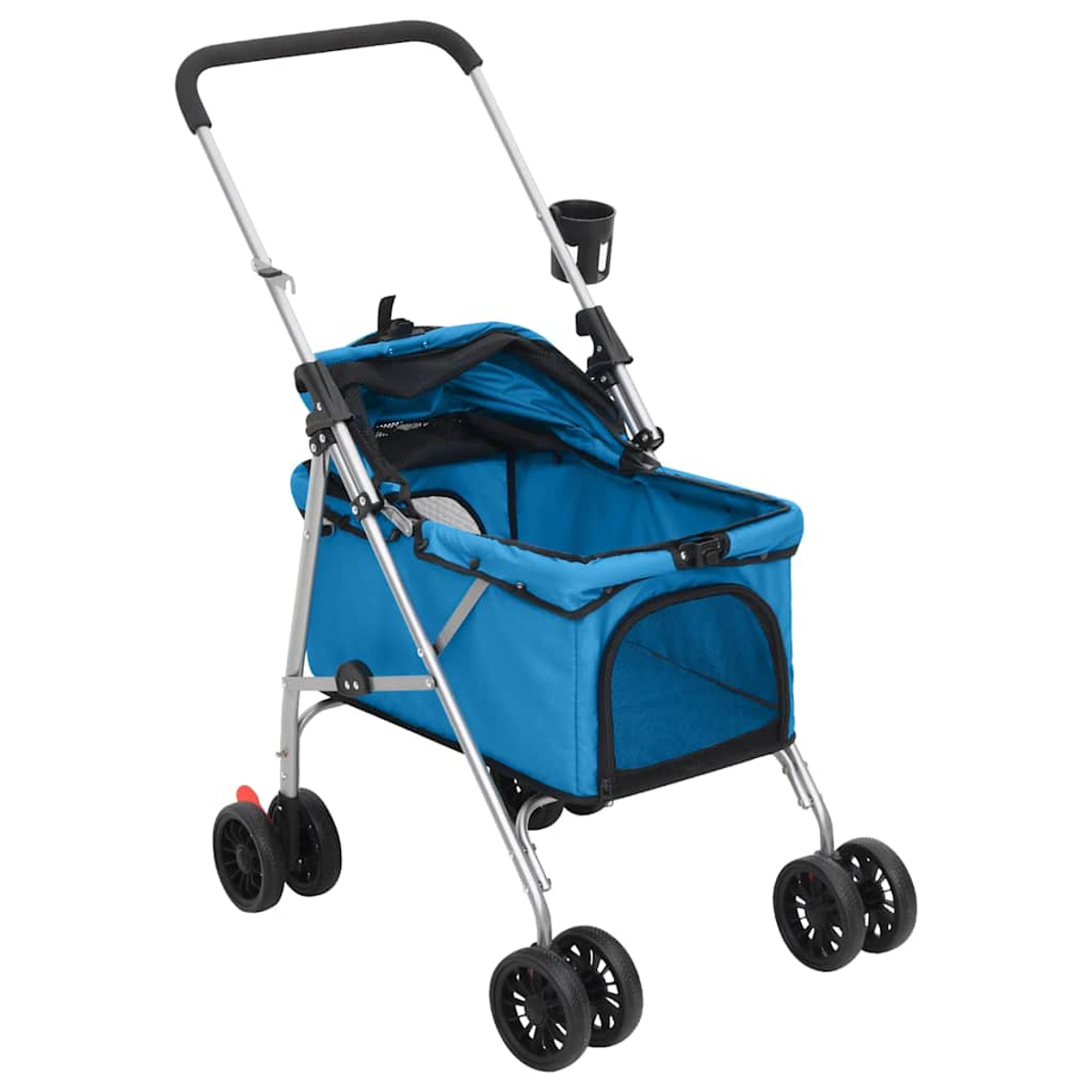 Ein blauer Haustierwagen mit silbernem Rahmen und schwarzen Rädern.